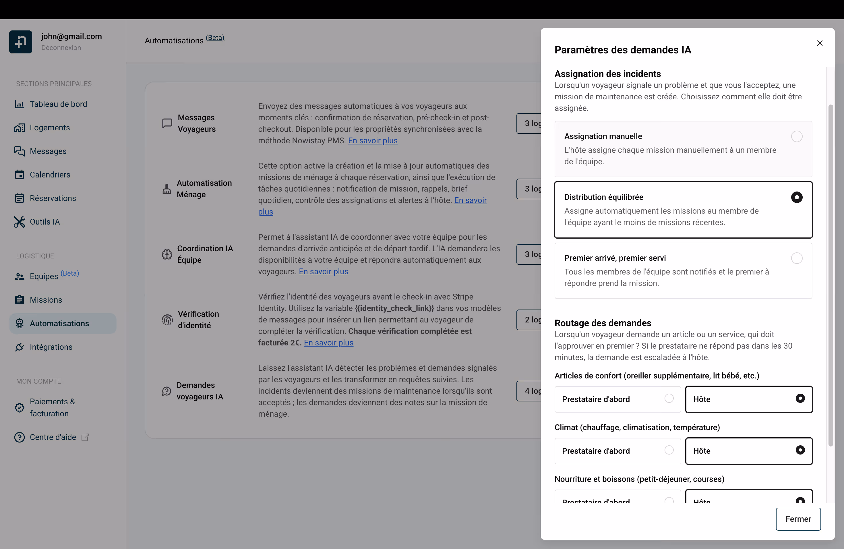 Le panneau Paramètres des demandes IA avec deux sections : Assignation des incidents et Routage des demandes.