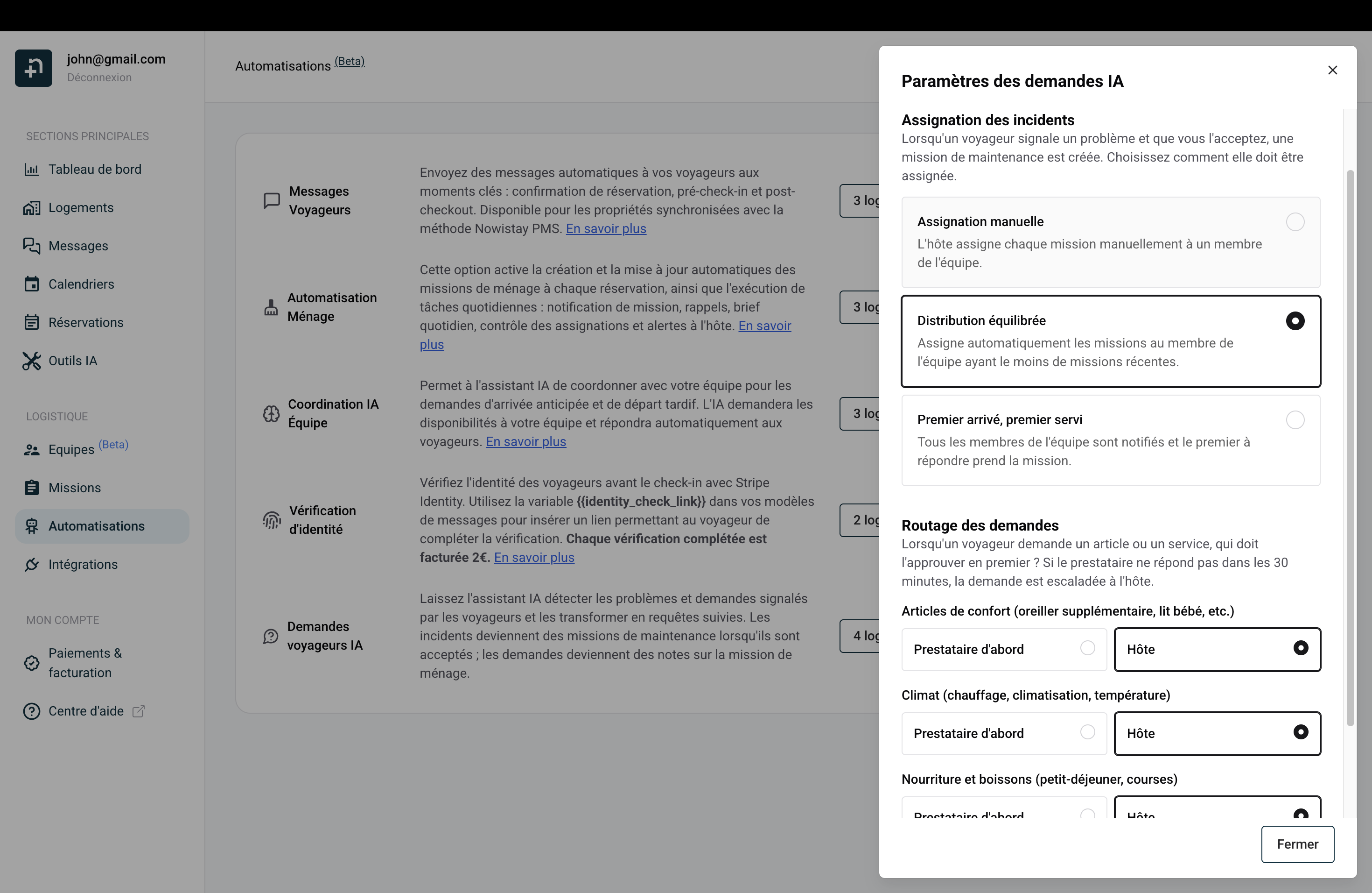 Le panneau Paramètres des demandes IA avec deux sections : Assignation des incidents et Routage des demandes.