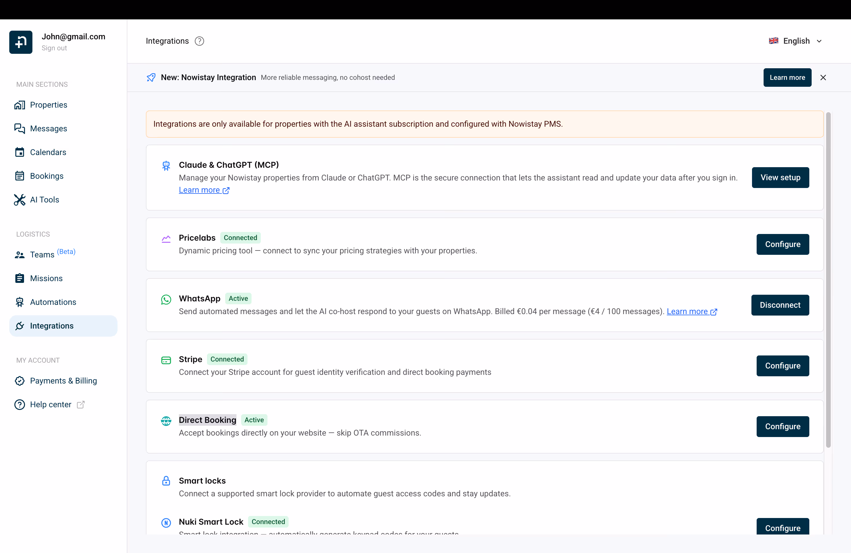 Nowistay integrations page showing Stripe, WhatsApp, Direct Booking and other available integrations