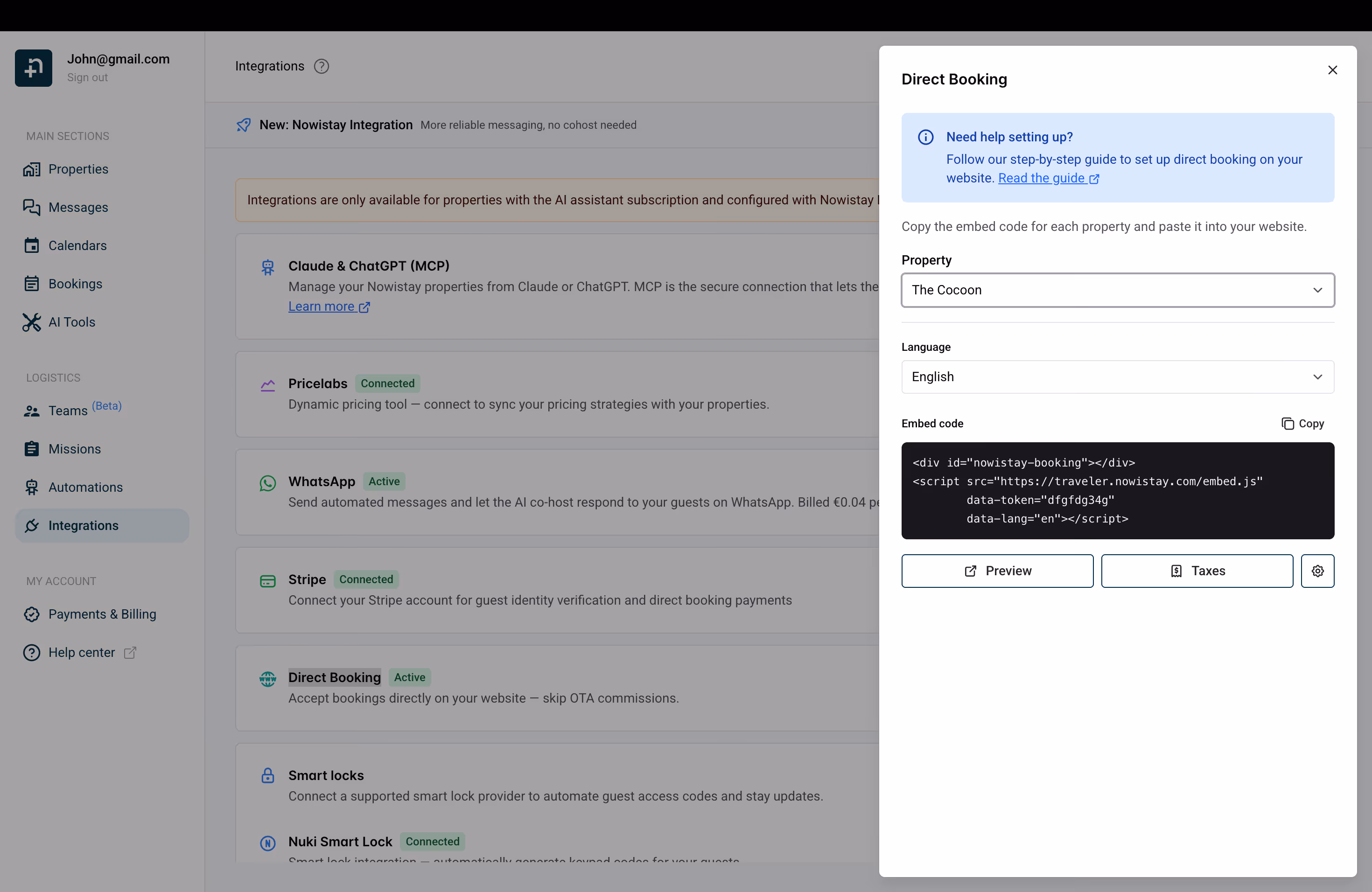 Direct Booking configuration modal with property selector, language option and embed code