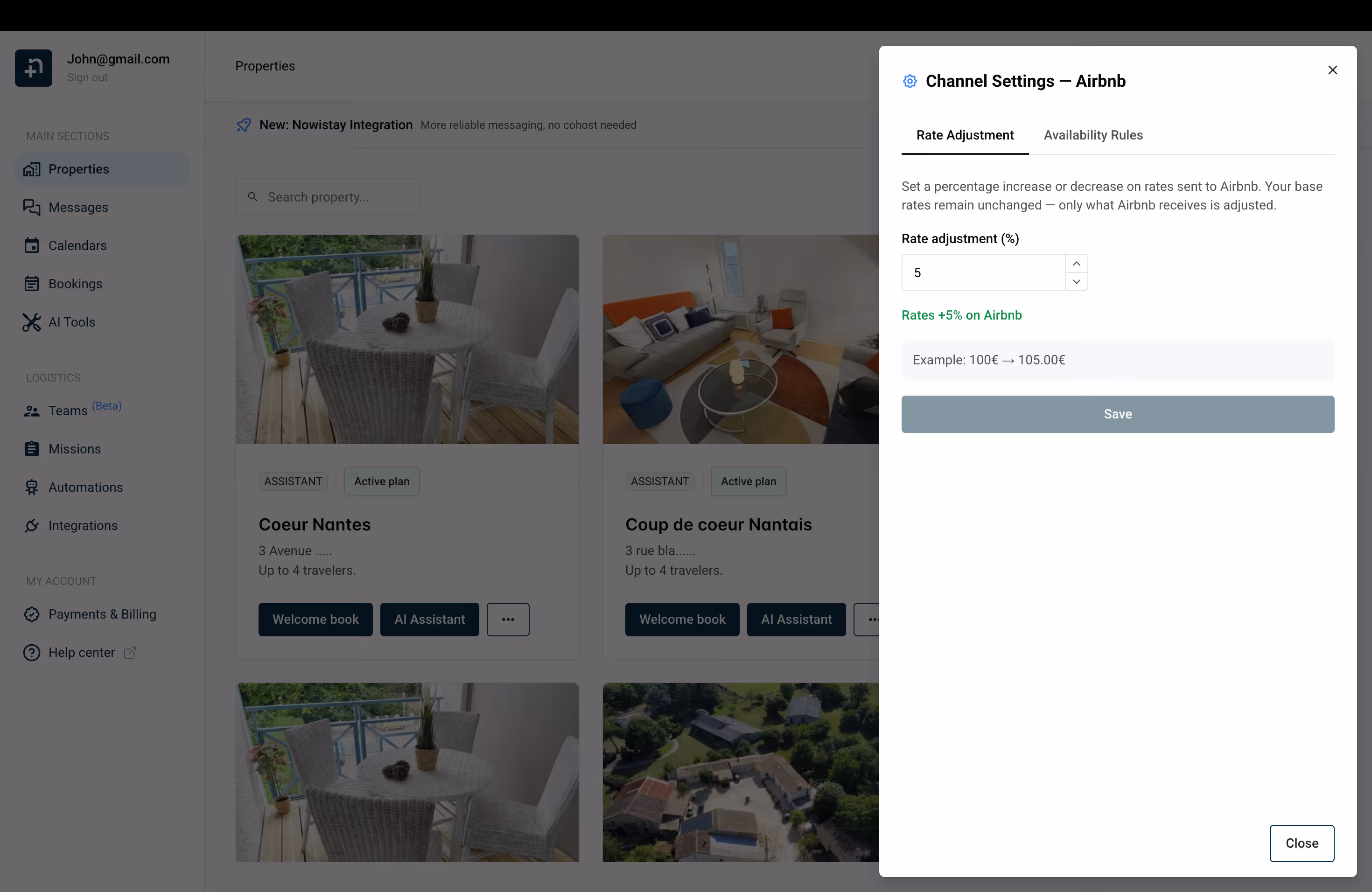 Airbnb channel settings showing 5 percent rate adjustment with price example