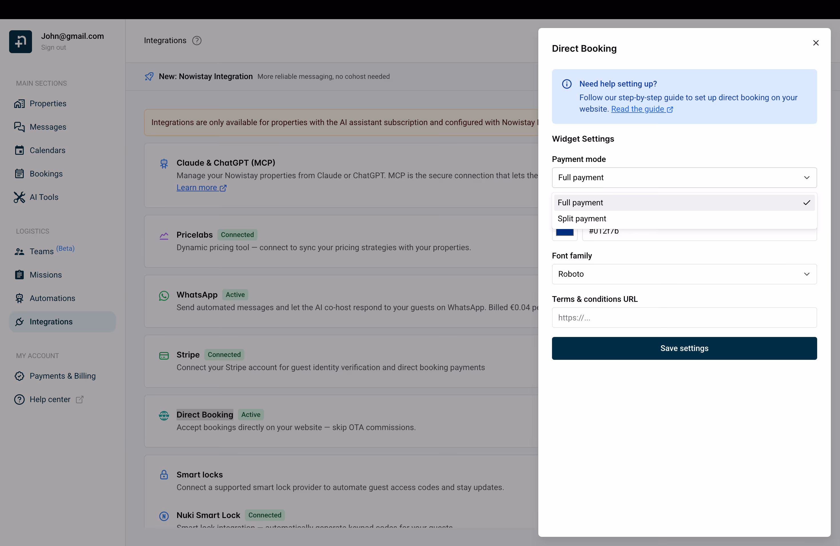 Direct Booking widget settings showing payment mode, font family and terms URL options