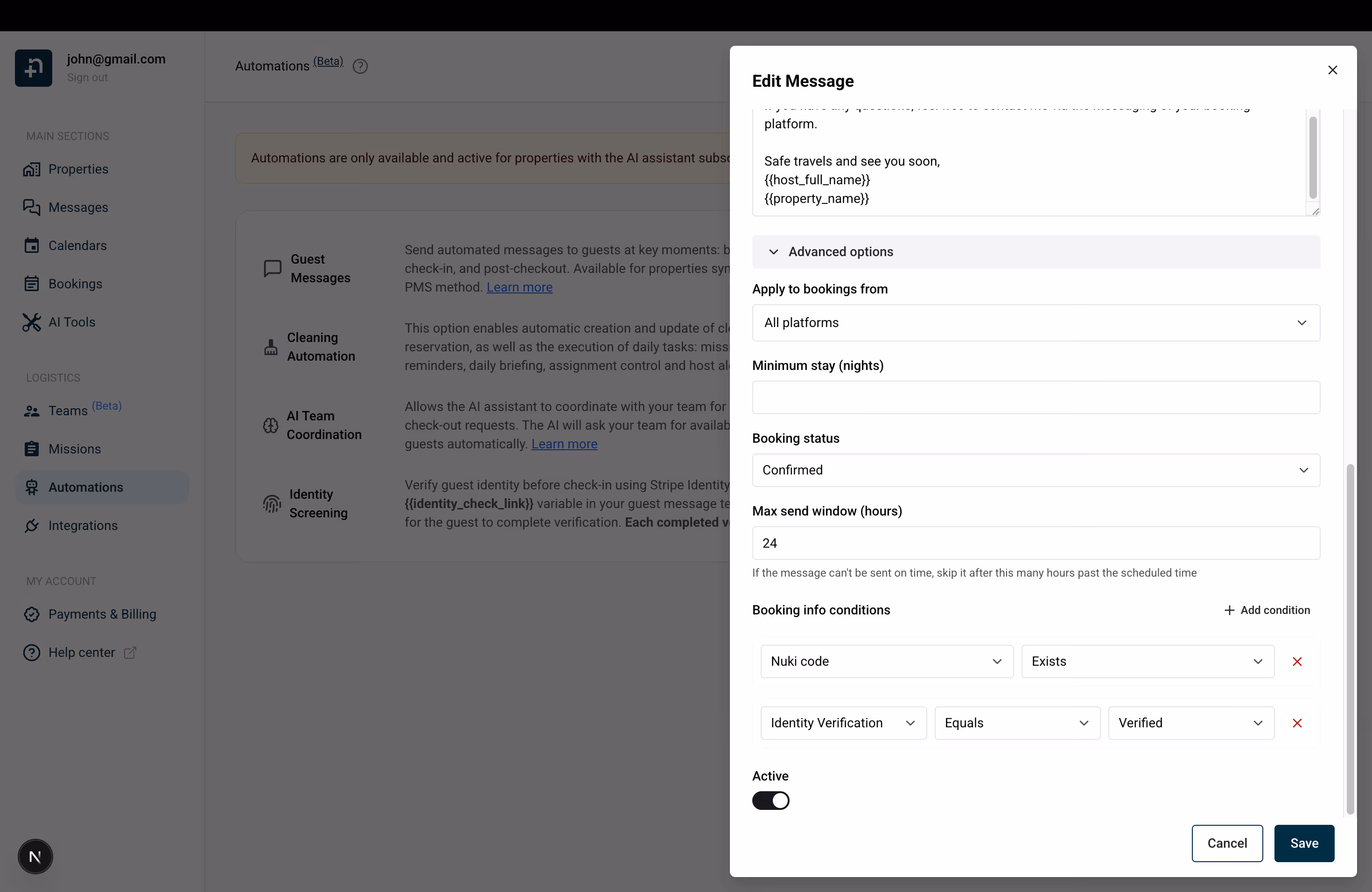 Suivi des résultats de vérification d'identité dans Nowistay