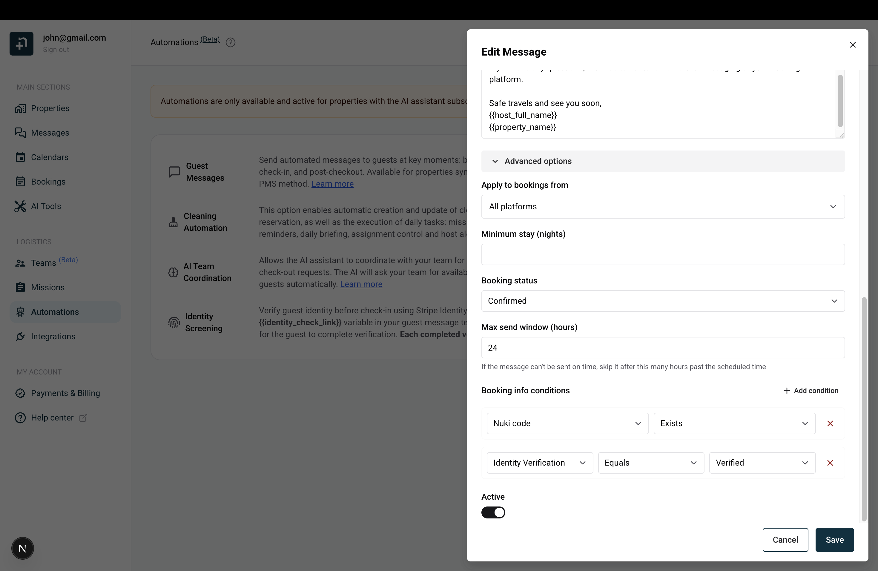 Guest identity verification tracking in Nowistay dashboard