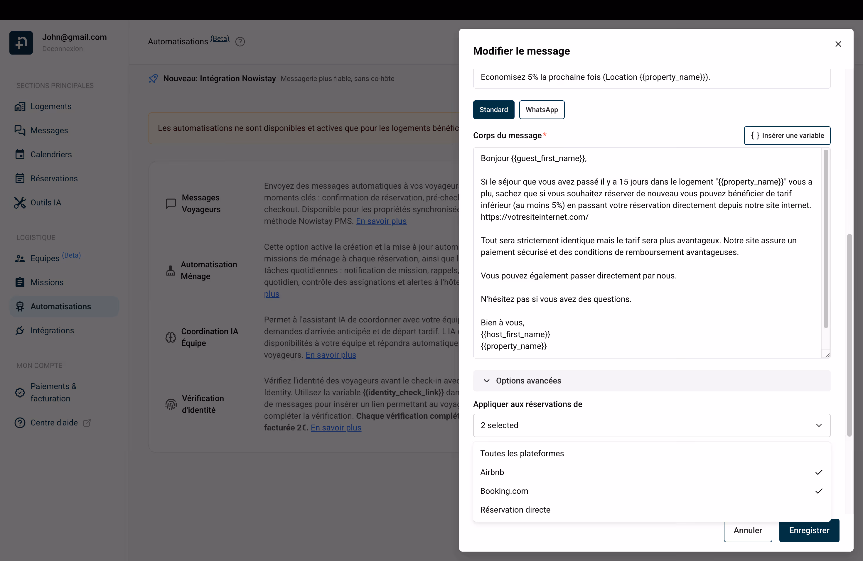 Corps du message avec variables de personnalisation