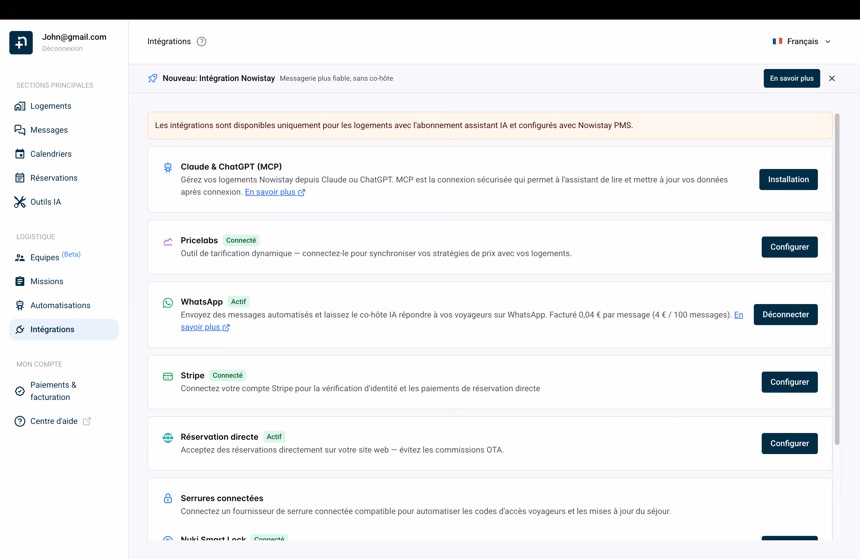 Page des intégrations Nowistay