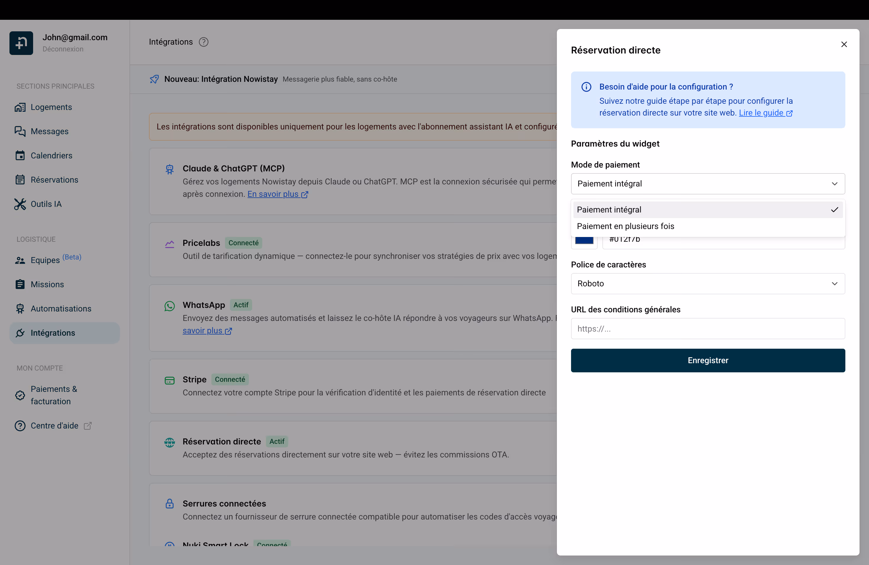 Paramètres du widget de réservation directe