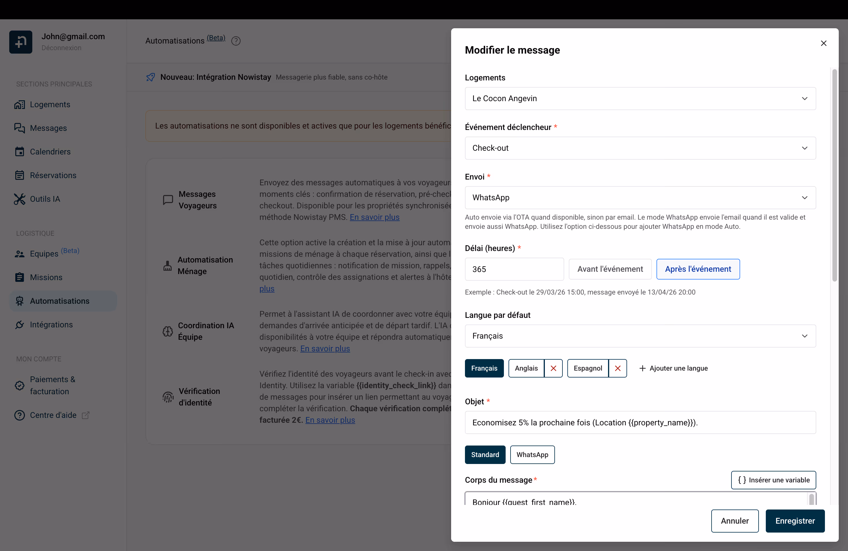 Configuration du message programmé