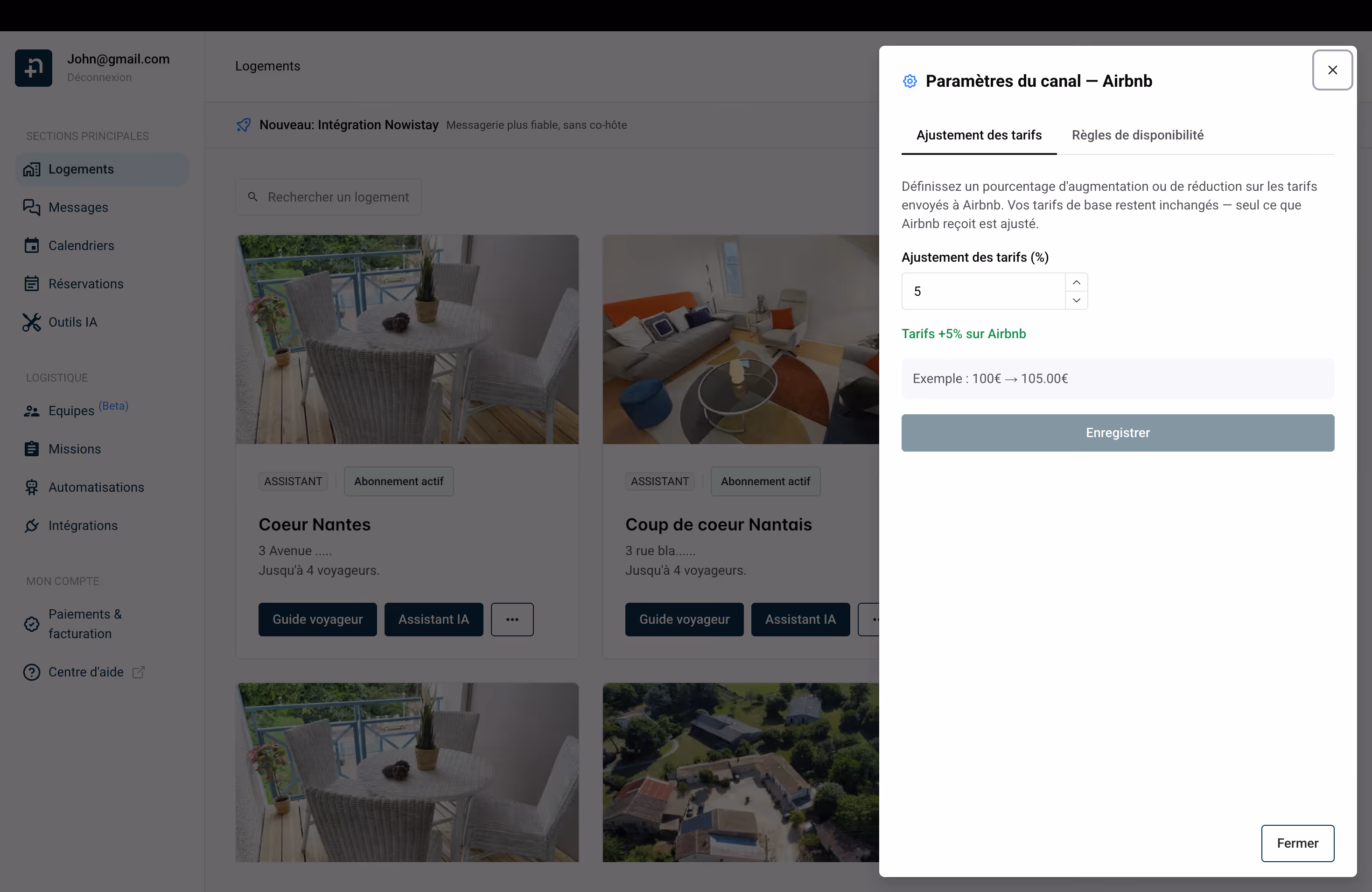 Paramètres du canal Airbnb avec ajustement tarifaire