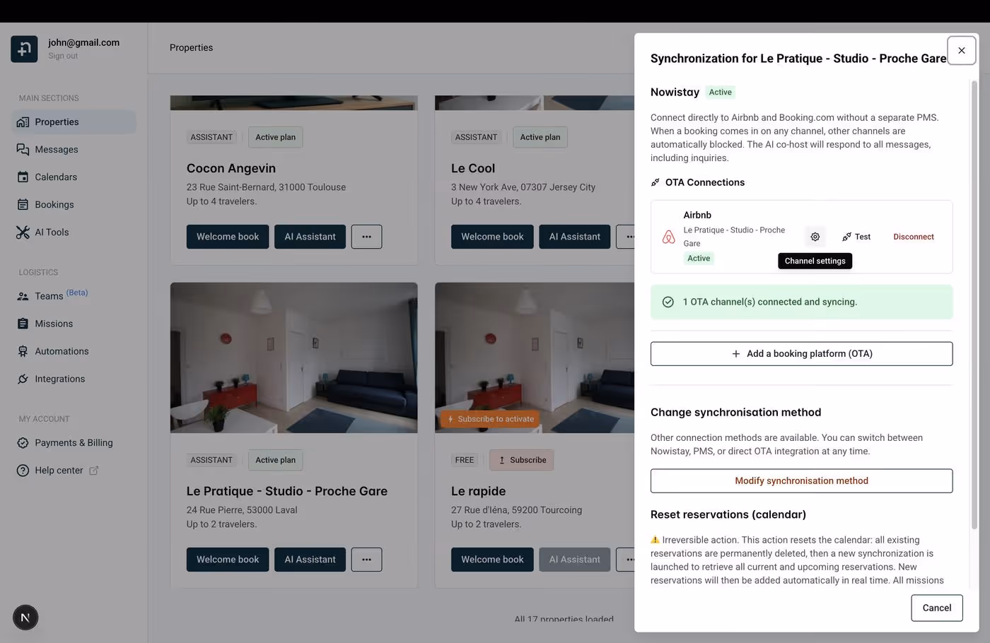 Synchronization drawer showing the Airbnb channel with Channel settings button