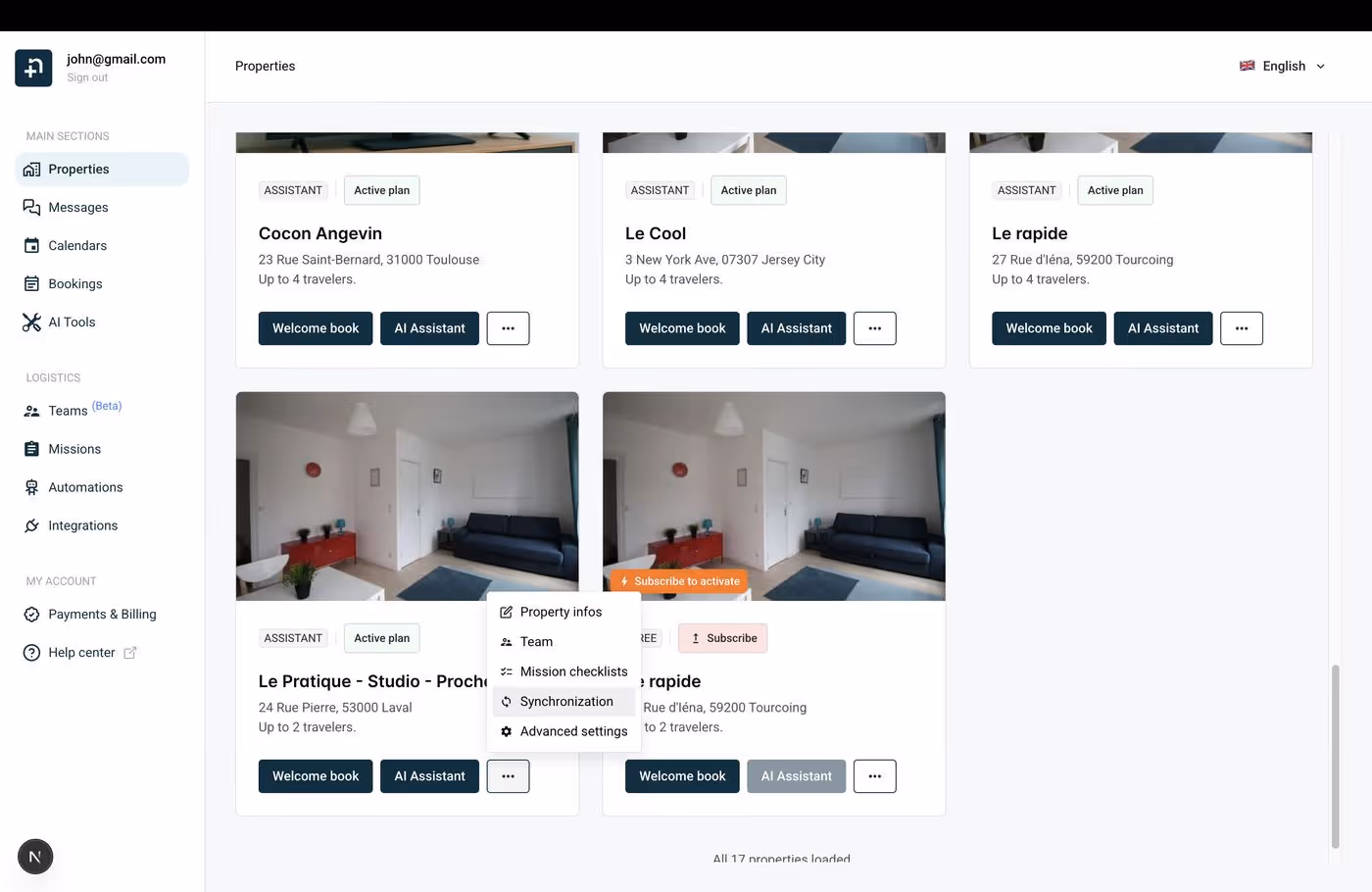 Properties page showing the three-dot menu with Synchronization option