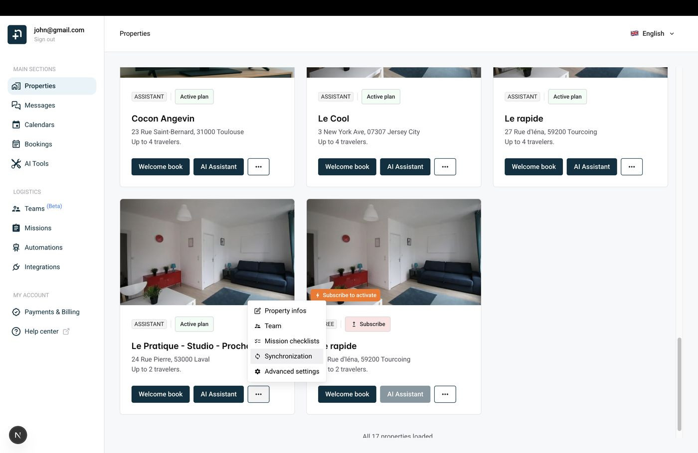 Properties page showing the three-dot menu with Synchronization option