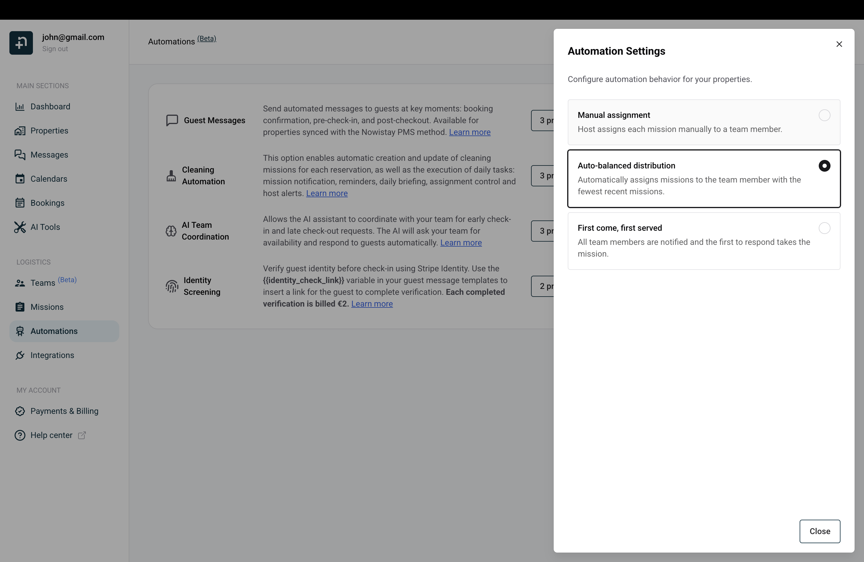 Automation assignment mode settings in Nowistay