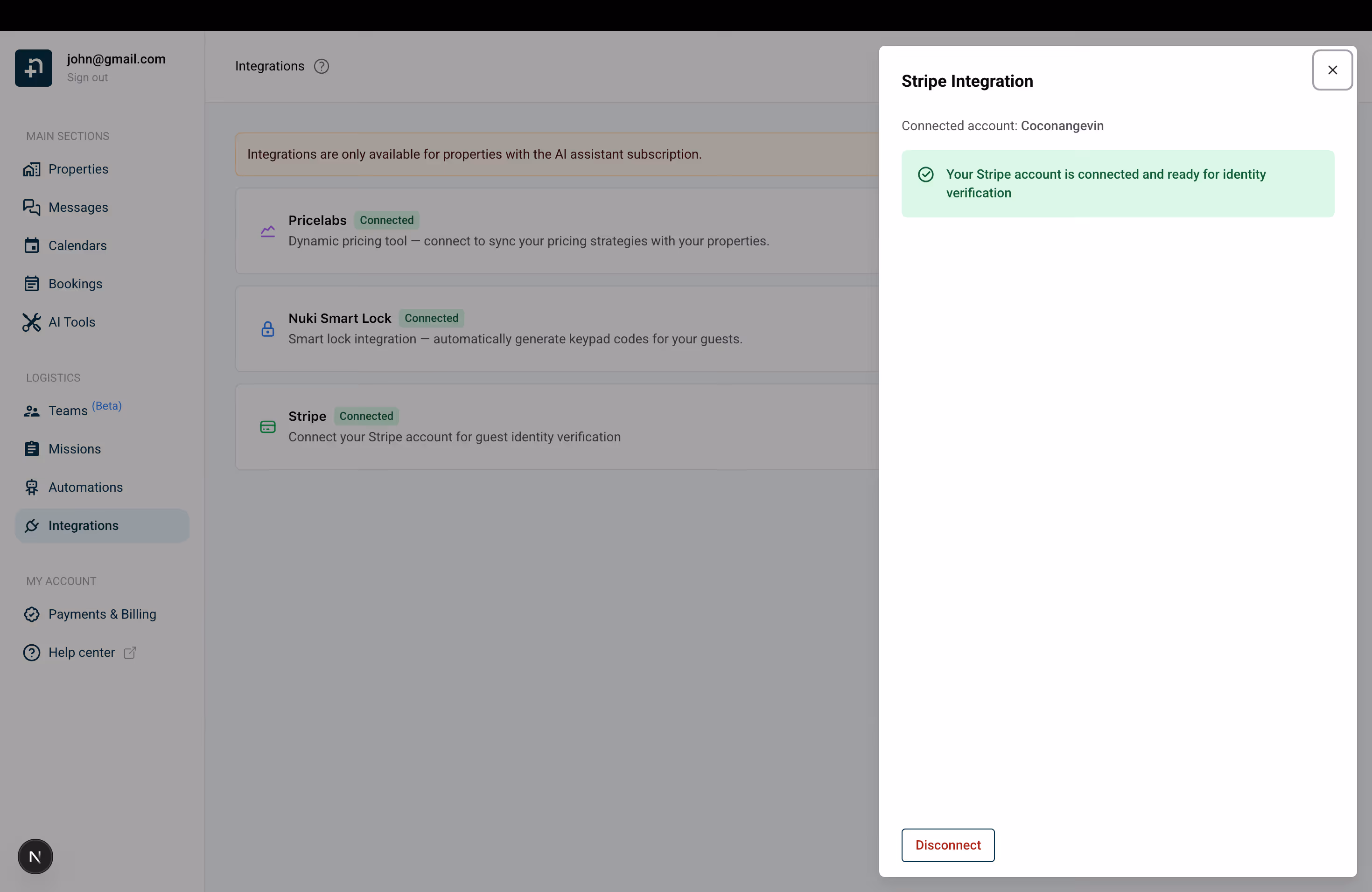 Panneau d'intégration Stripe montrant le message de confirmation de connexion