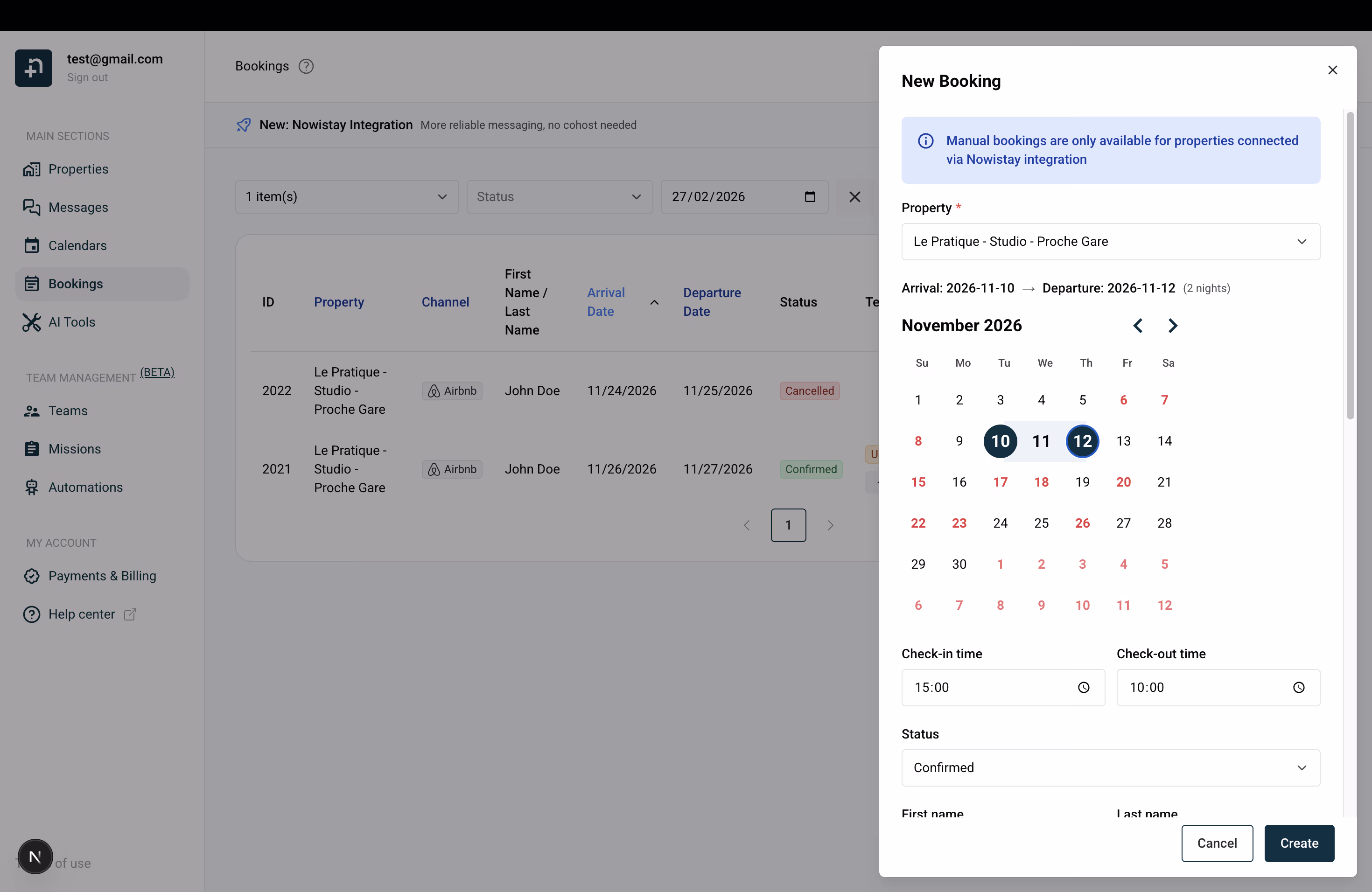 Create booking form on Nowistay with guest information, pricing, and payment request option