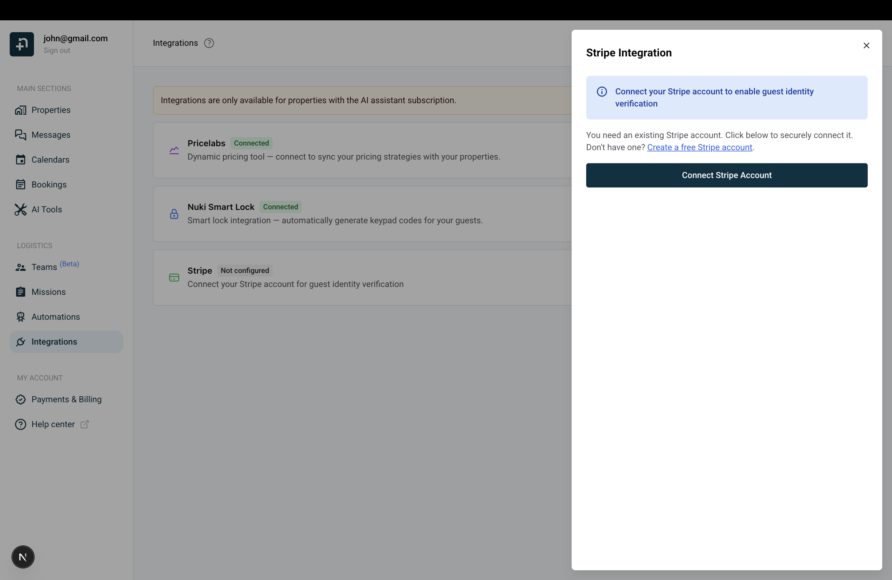 Stripe Integration drawer with Connect Stripe Account button