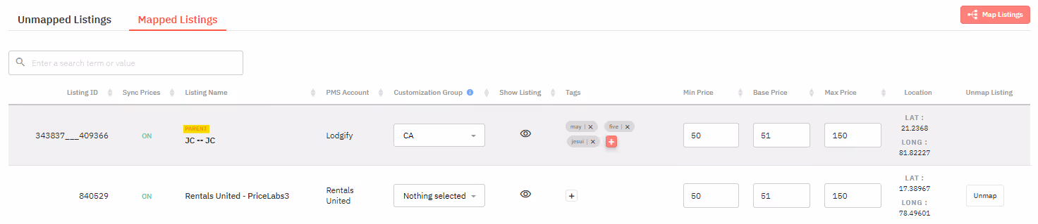 Page Manage Listings de PriceLabs montrant l'onglet Mapped Listings avec le bouton Unmap