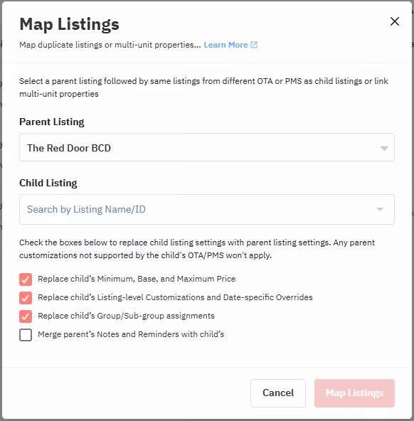 Boîte de dialogue Map Listings de PriceLabs montrant la sélection parent et enfant avec les options de configuration