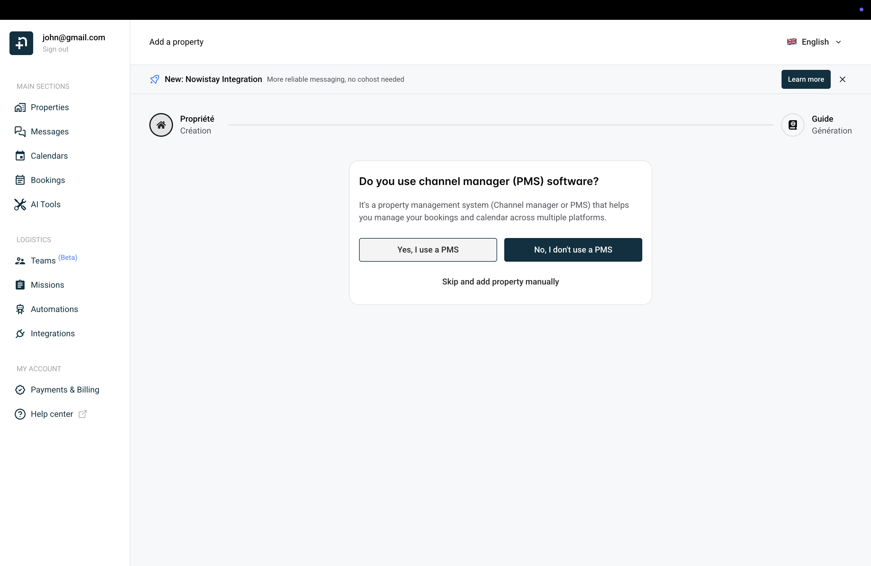 Nowistay wizard asking if you use a PMS