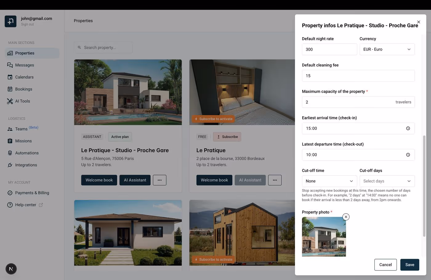 Property infos dialog showing default rate, cleaning fee, capacity, check-in and check-out times and cut-off settings