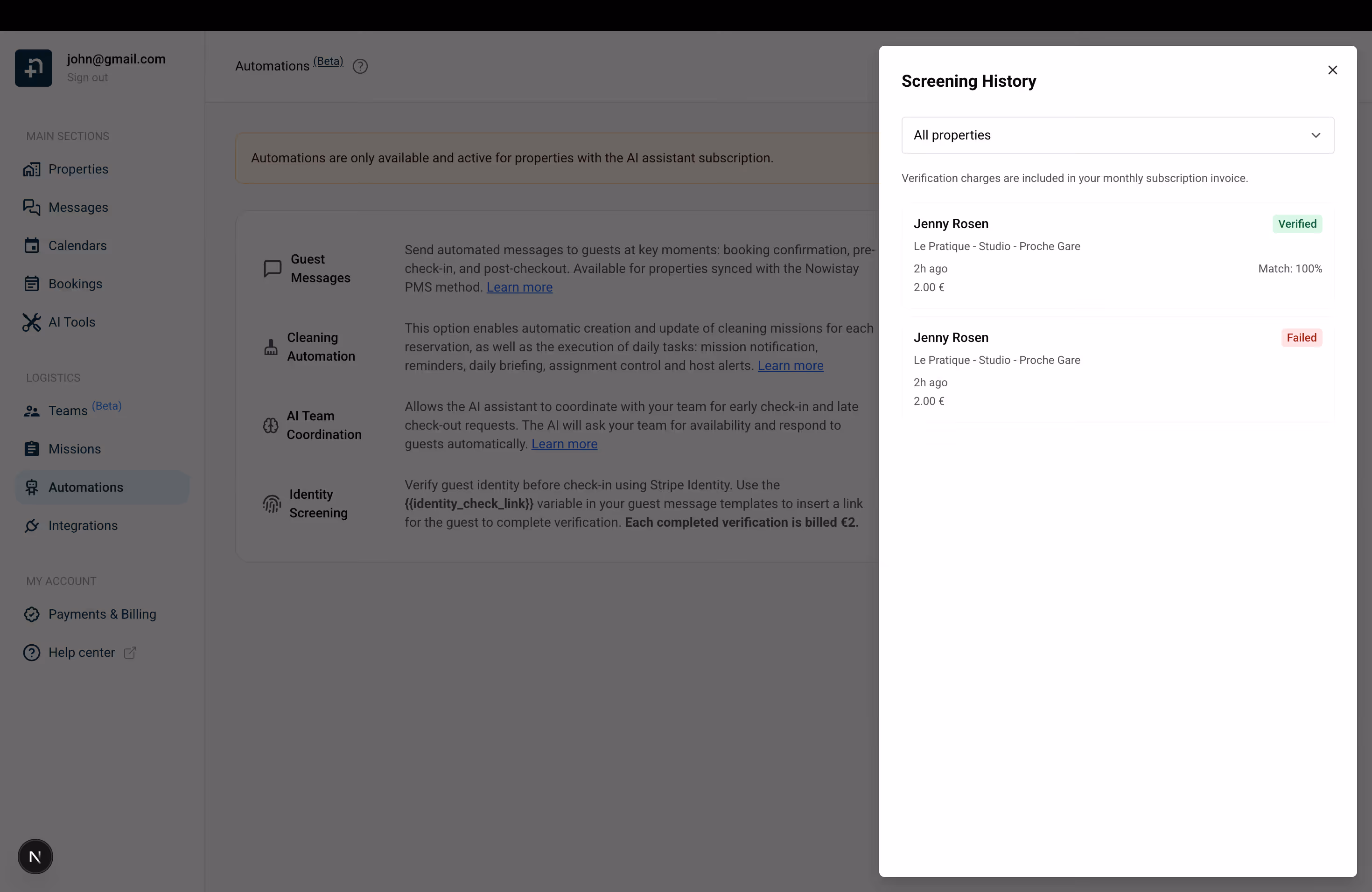 Screening History drawer showing verified and failed verification results