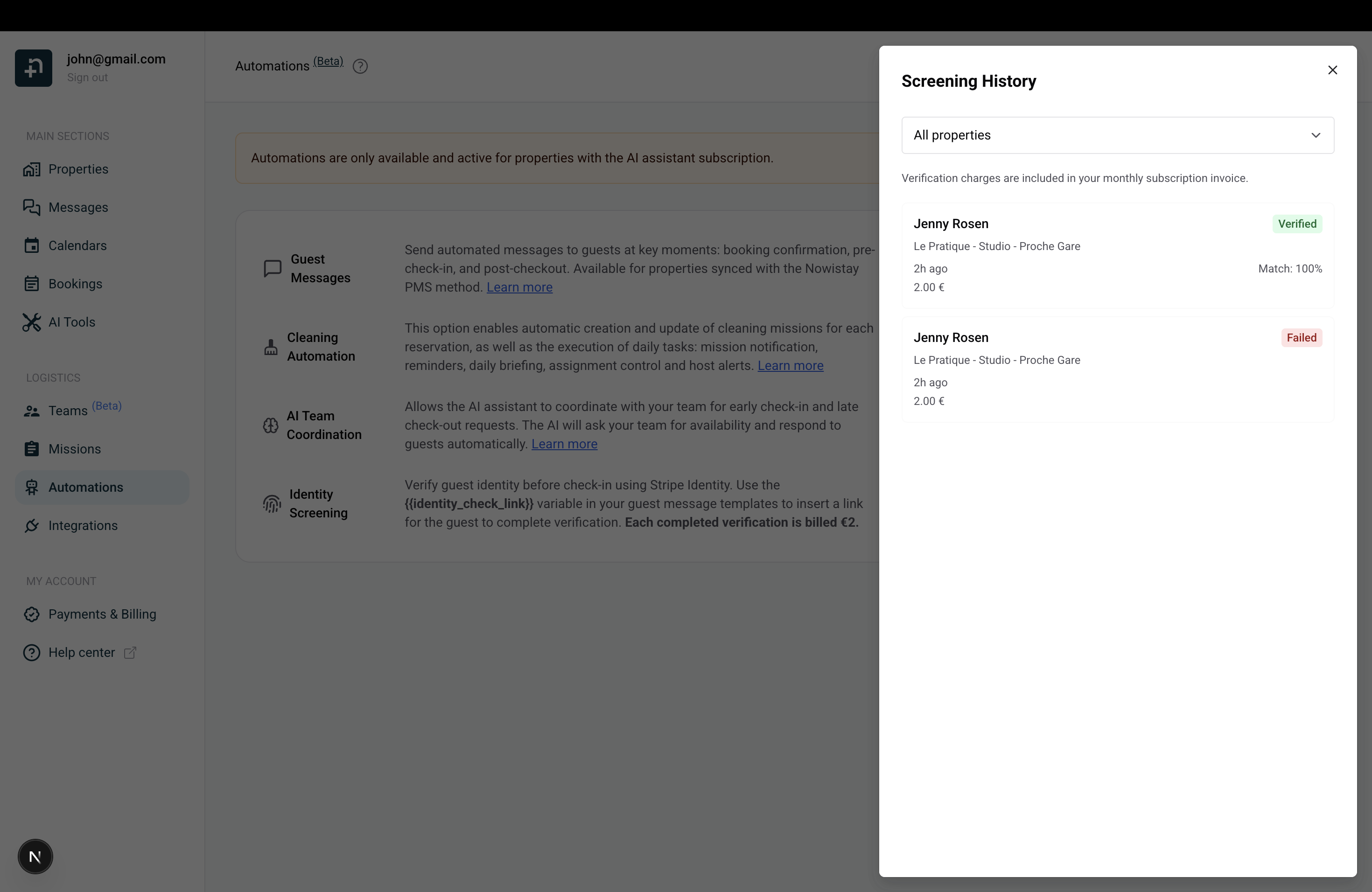 Screening History drawer showing verified and failed verification results