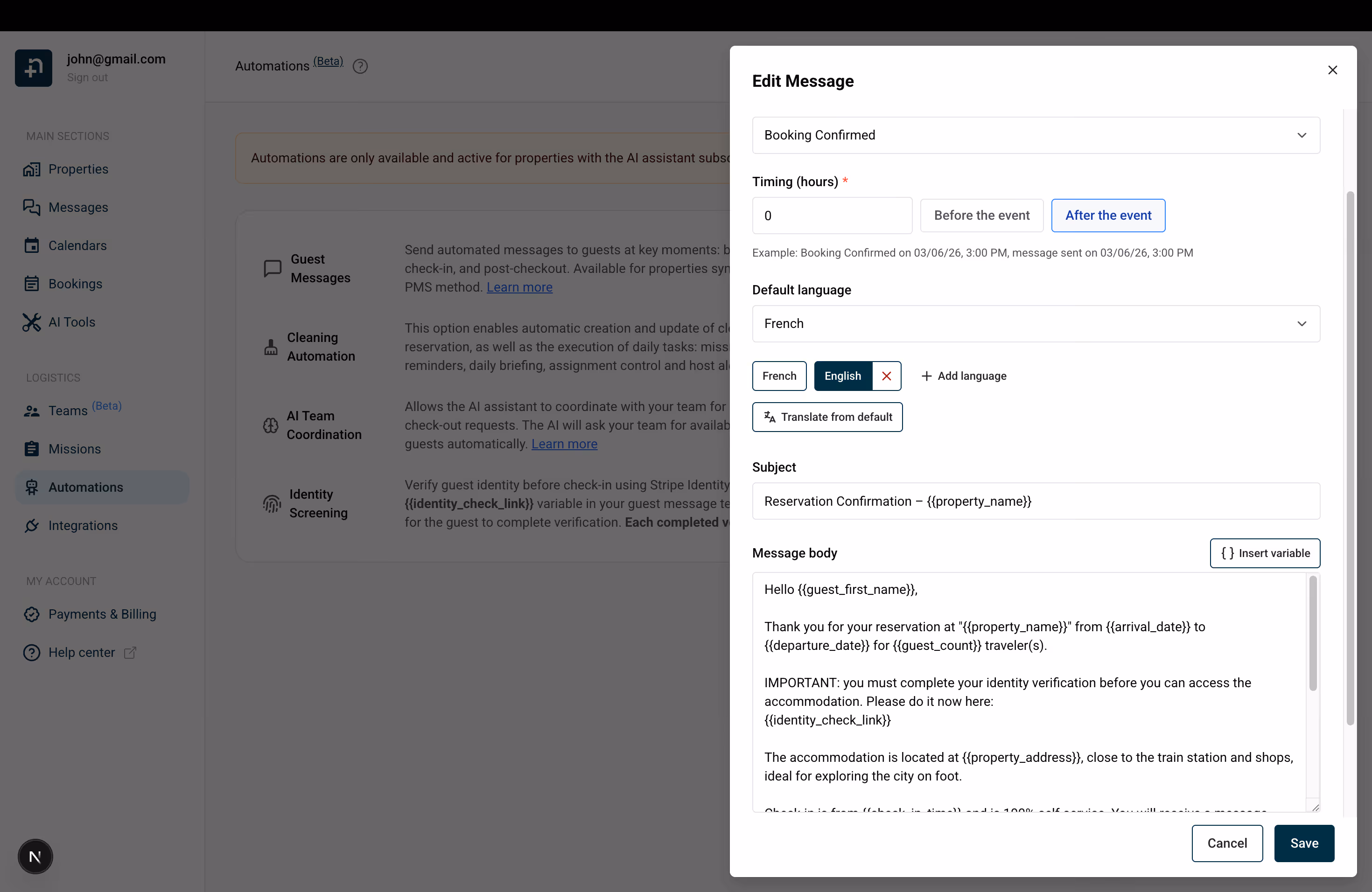 Edit Message dialog showing Booking Confirmed template with identity_check_link variable in the message body