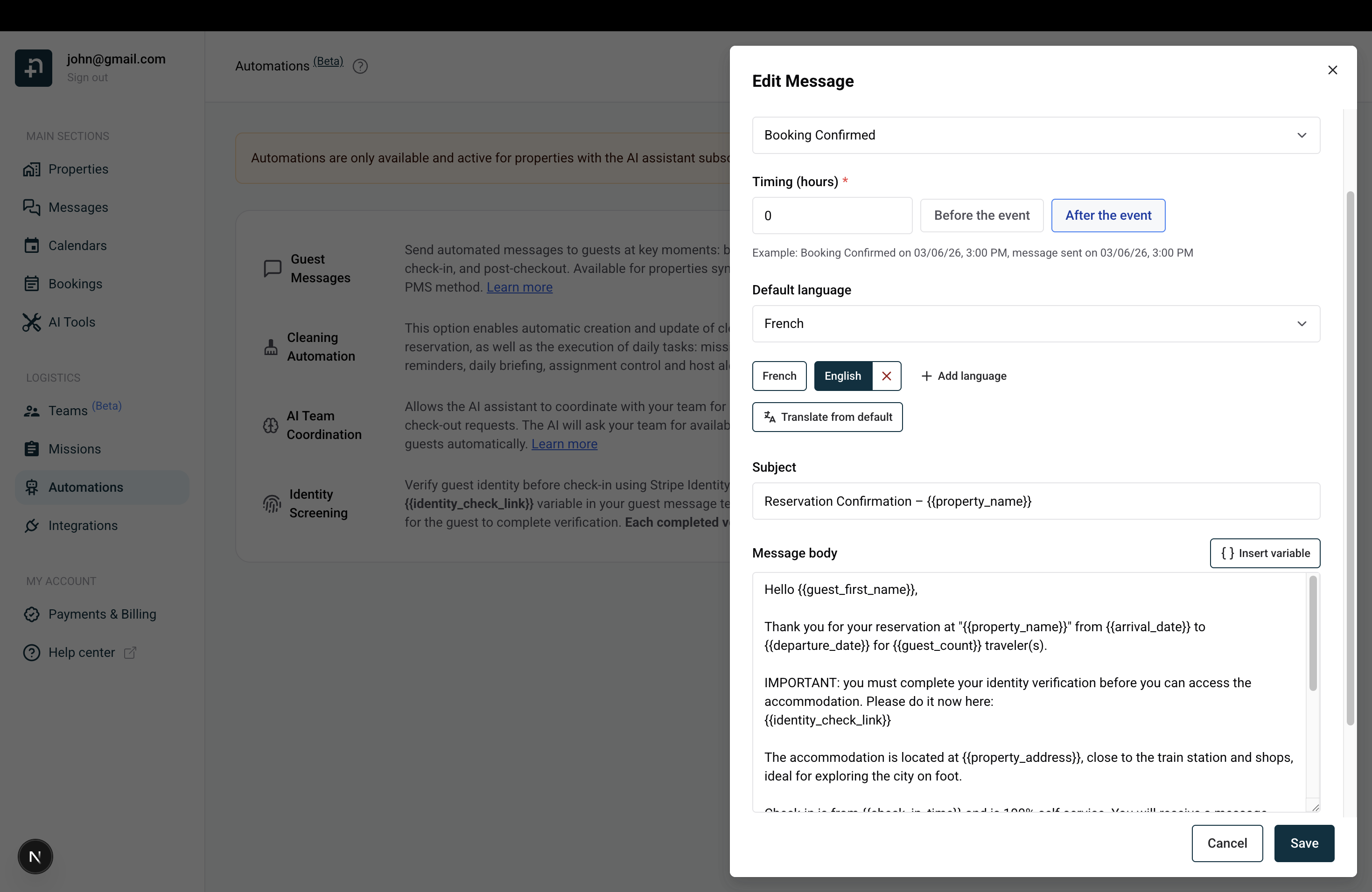 Edit Message dialog showing Booking Confirmed template with identity_check_link variable in the message body