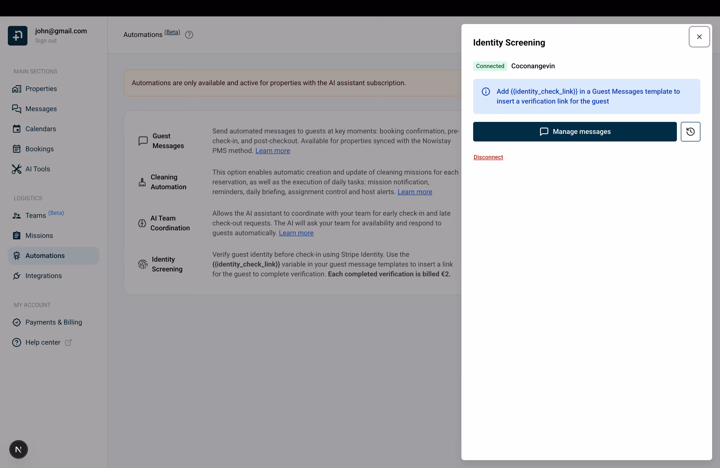 Identity Screening drawer showing connected status and Manage messages button