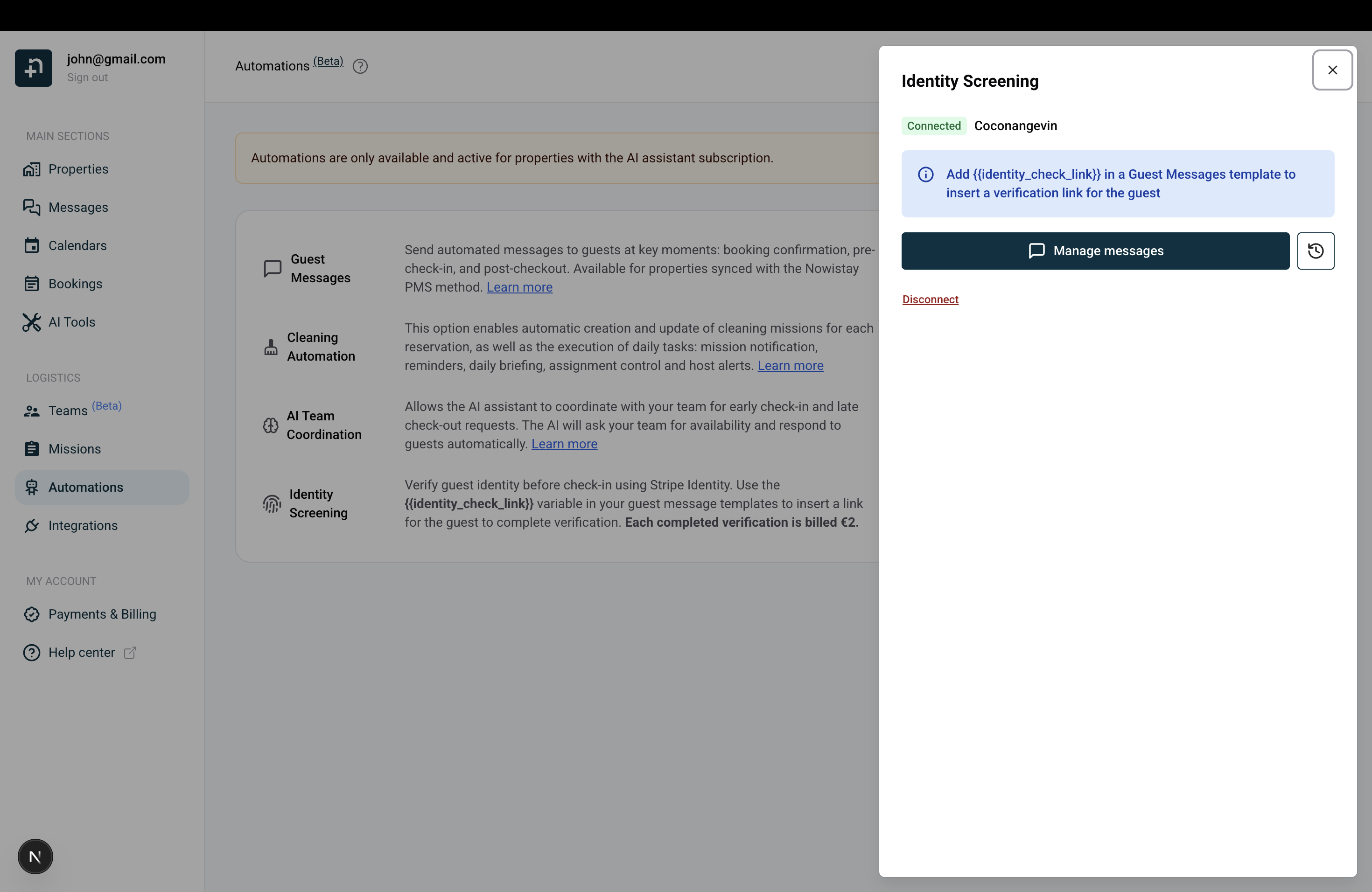 Identity Screening drawer showing connected status and Manage messages button