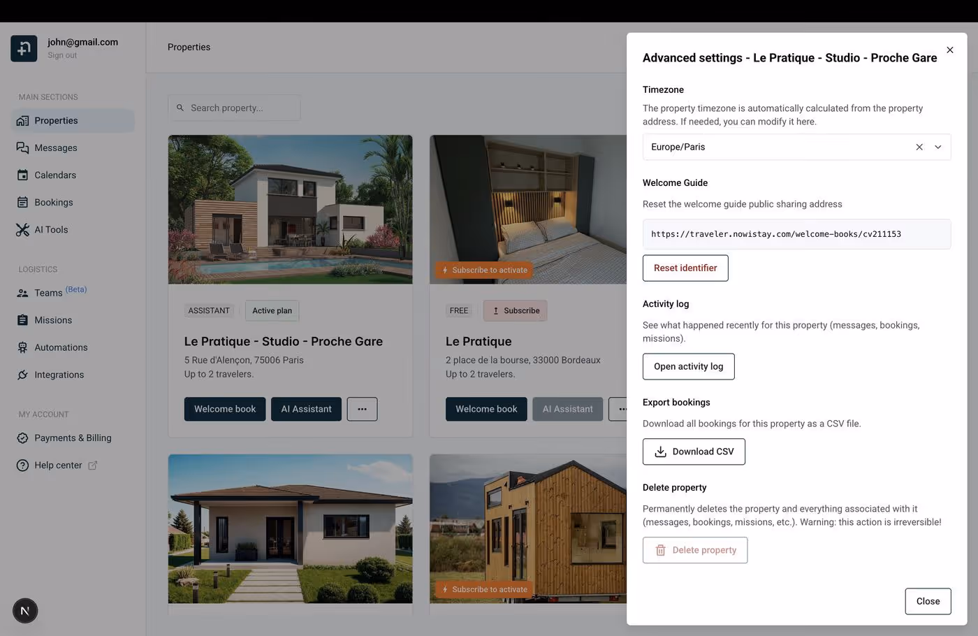 Advanced settings dialog showing the Export bookings section with Download CSV button