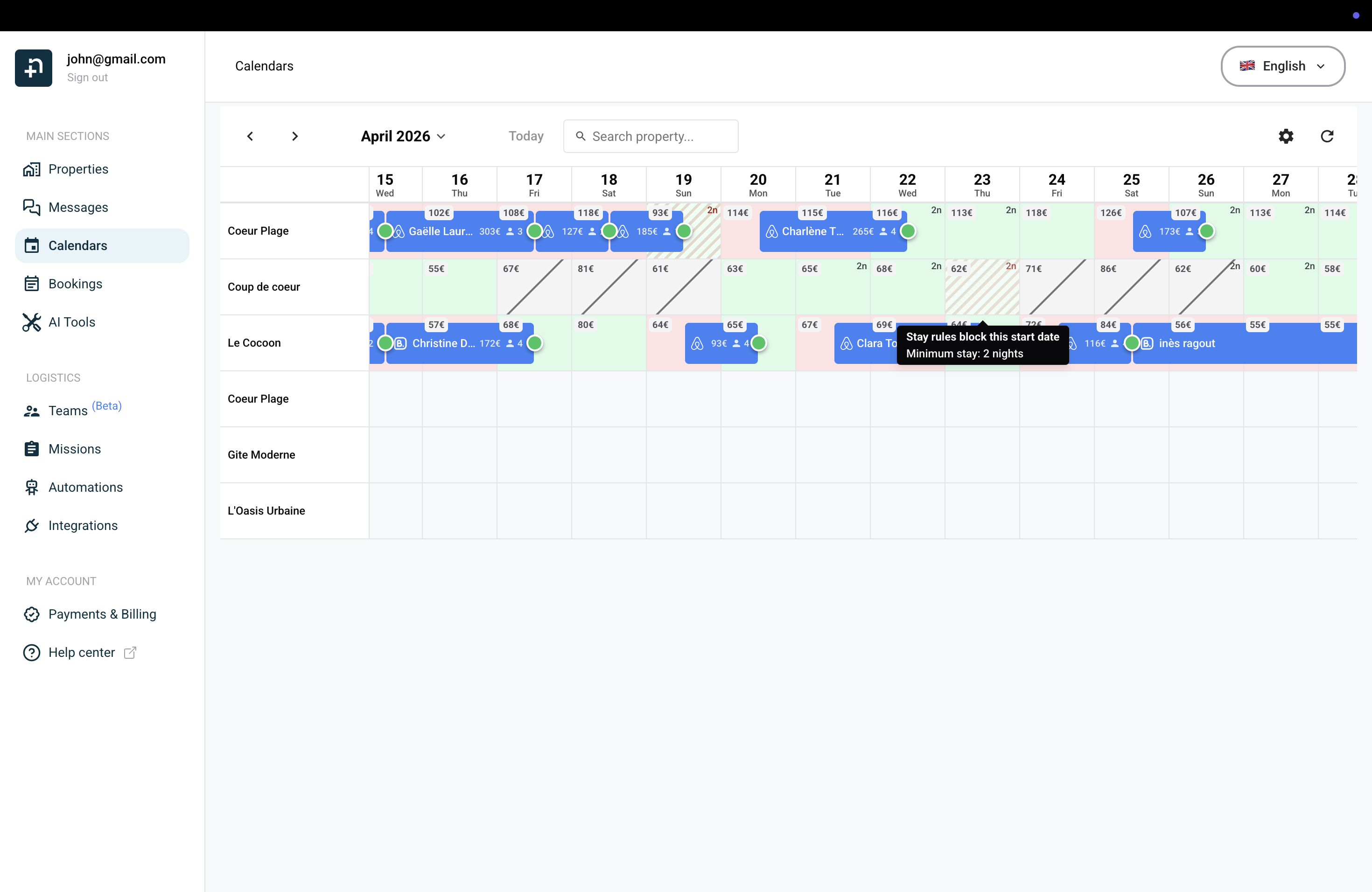 Calendar showing a tooltip on a restricted date explaining minimum stay requirement of 2 nights