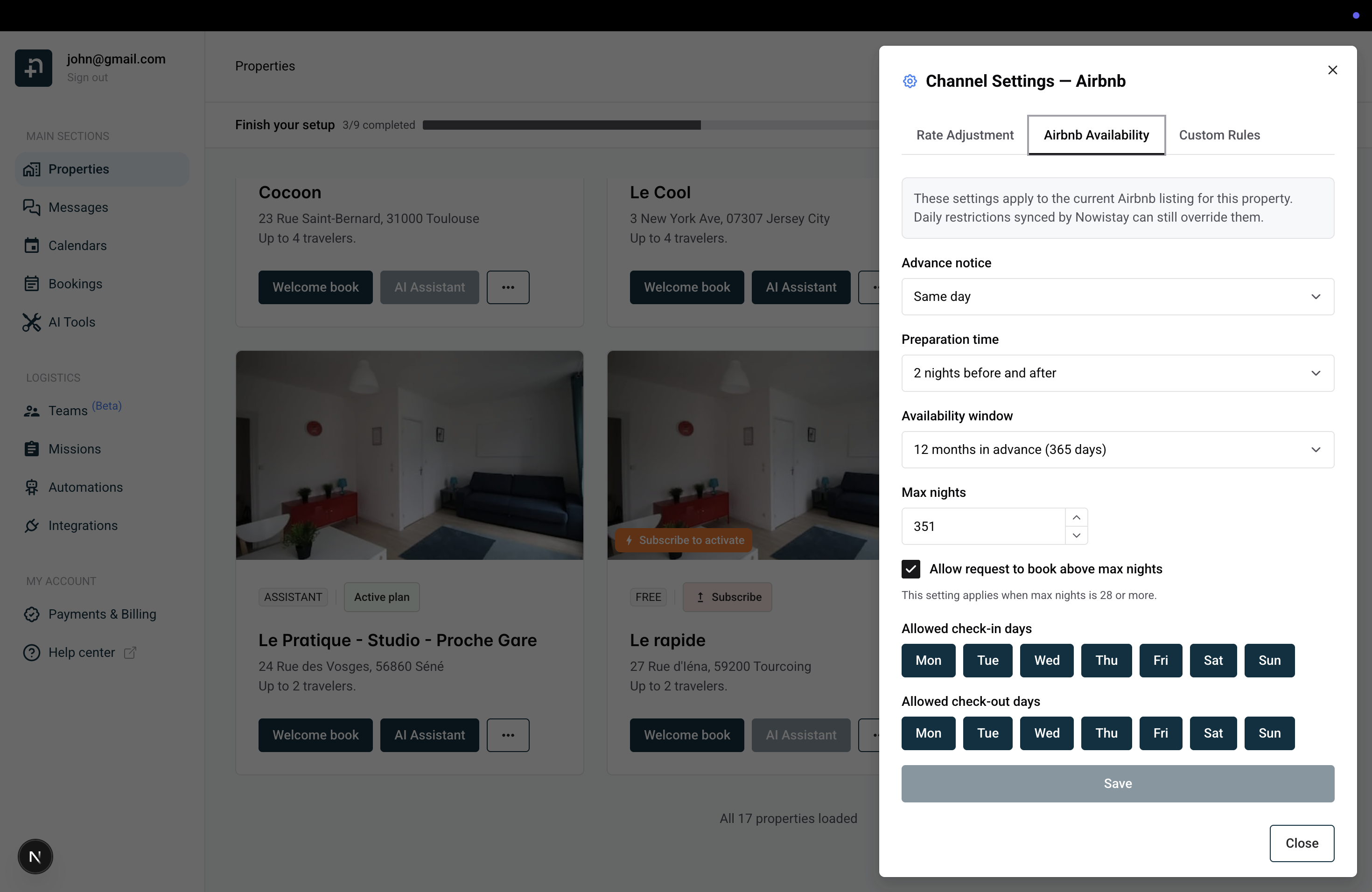 Channel Settings for Airbnb showing the Airbnb Availability tab with advance notice, preparation time, availability window, max nights, and allowed check-in and check-out days