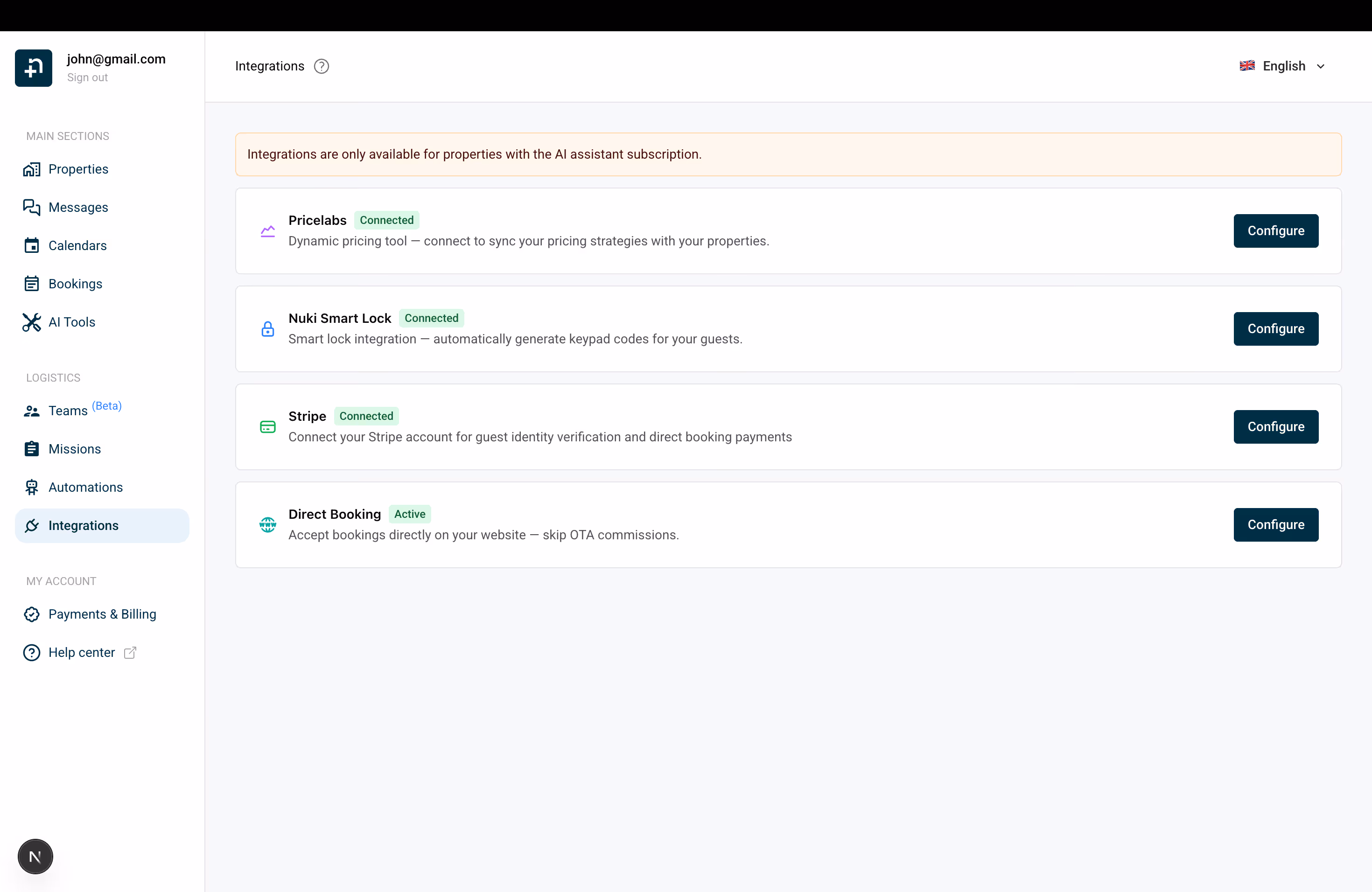 Integrations page showing Direct Booking as Active