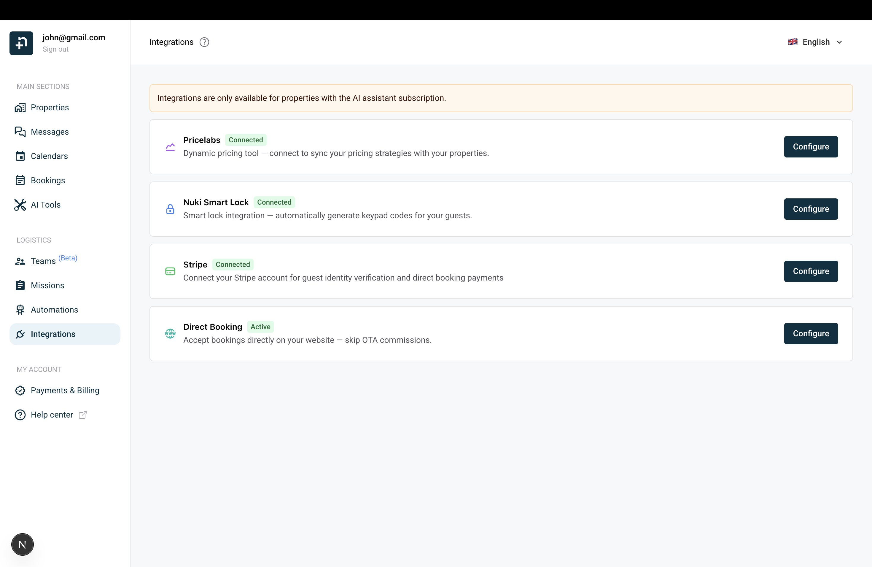 Integrations page showing Direct Booking as Active