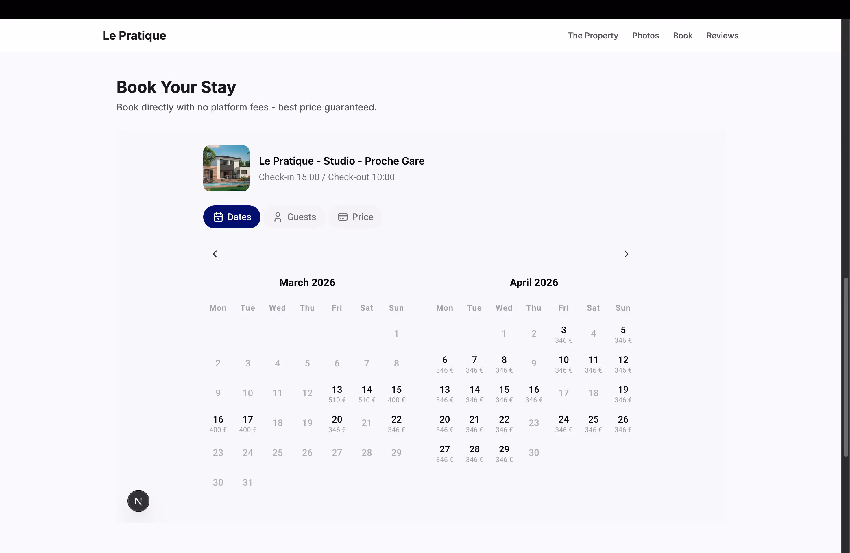 Calendar view showing available dates with prices