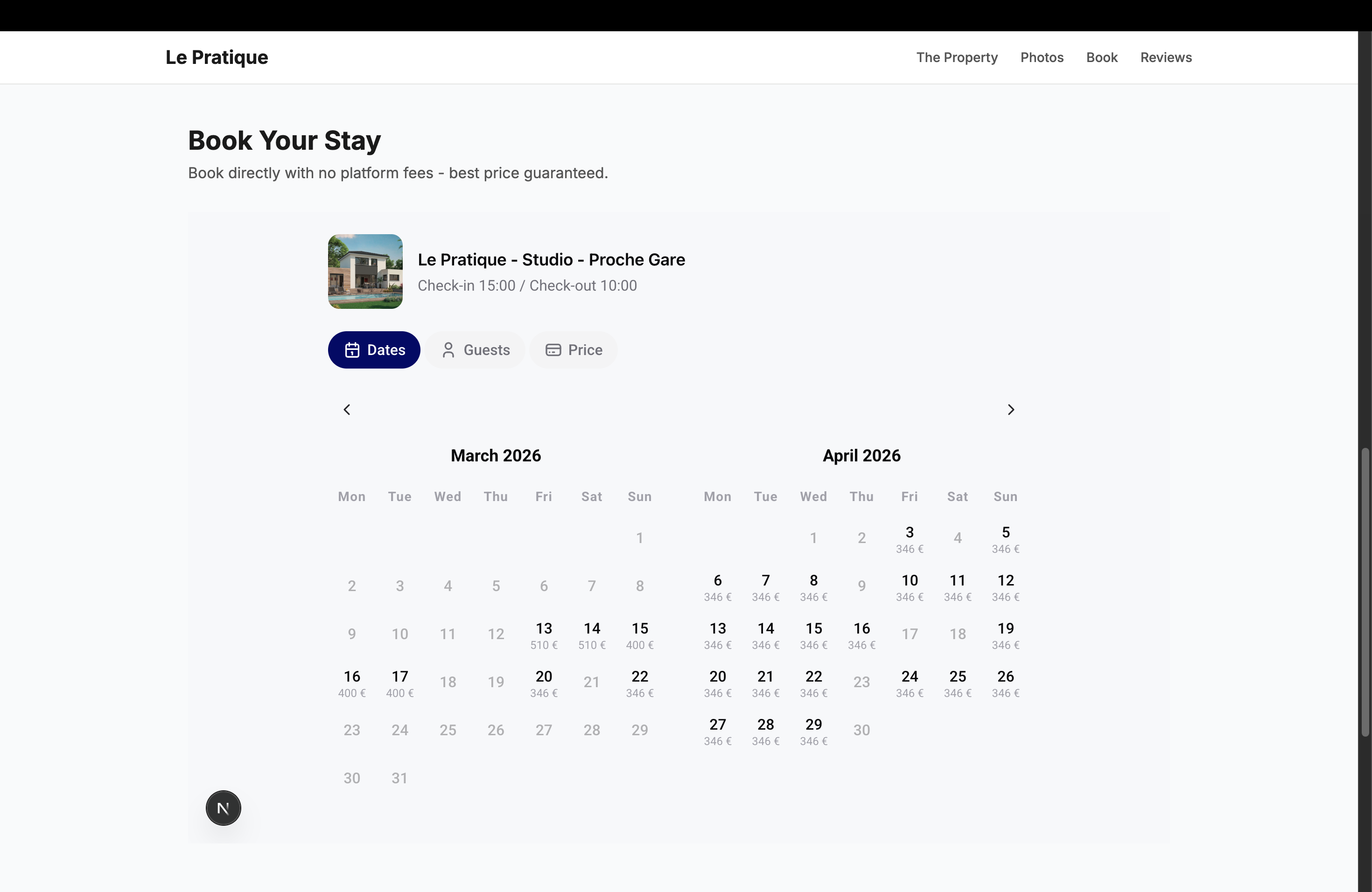Calendar view showing available dates with prices