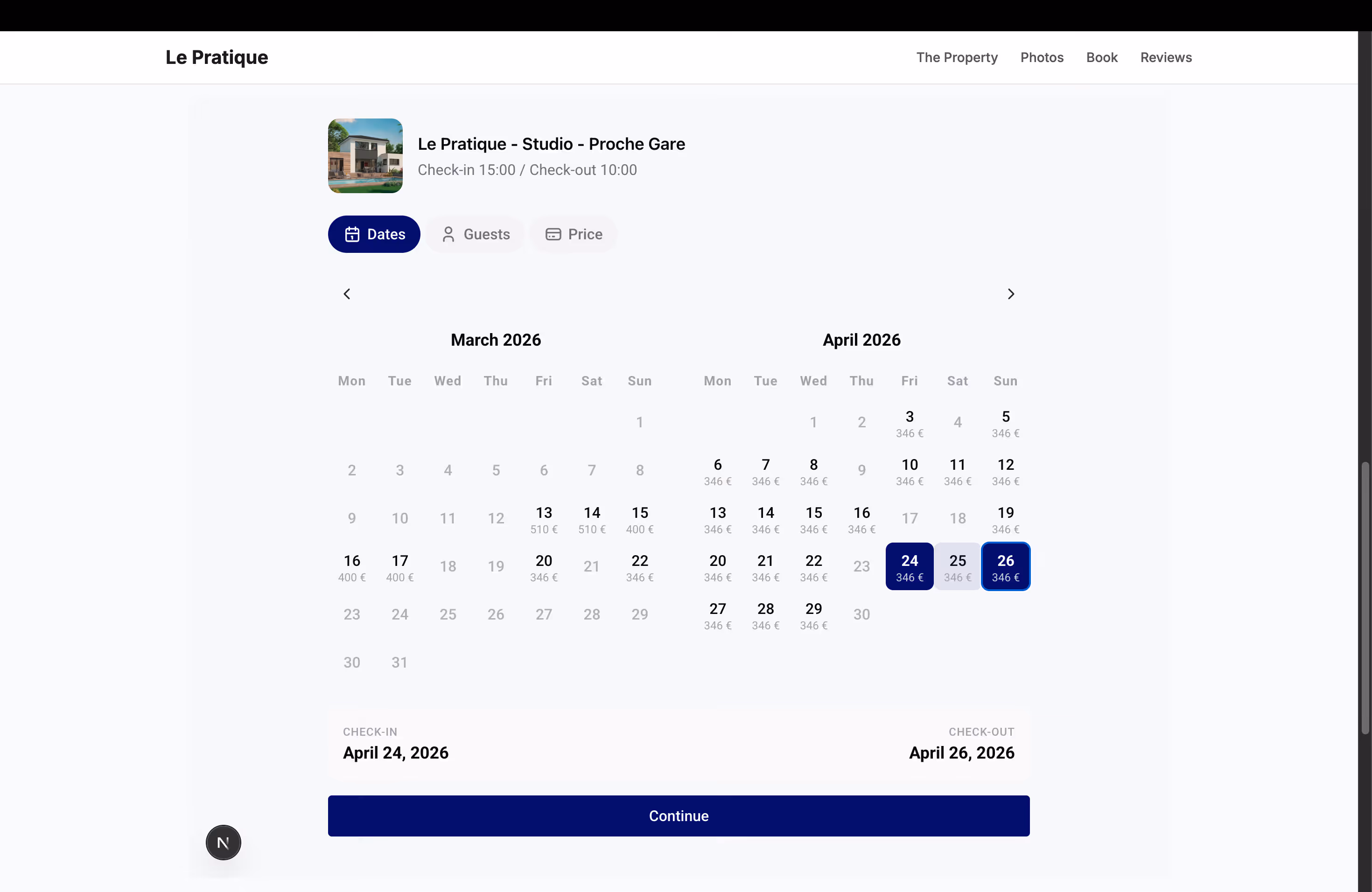 Dates selected with check-in and check-out displayed