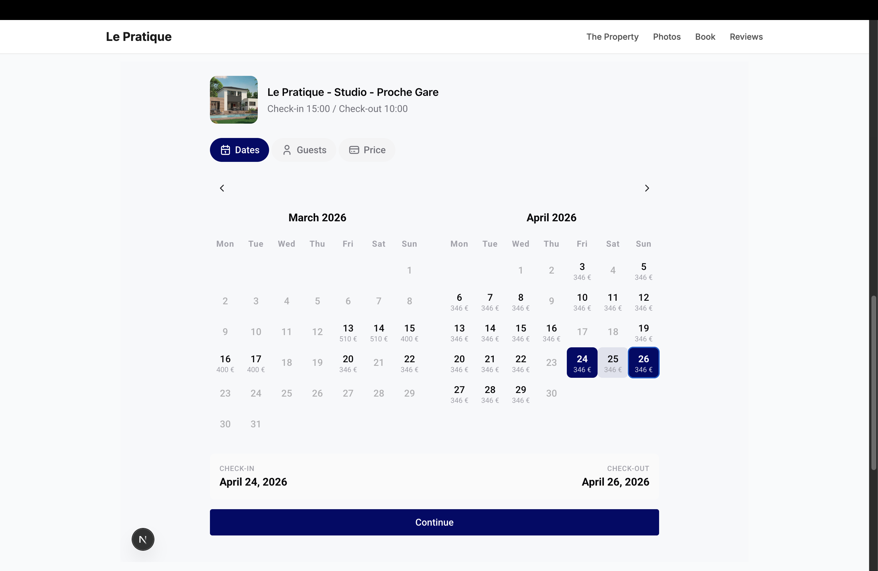 Dates selected with check-in and check-out displayed