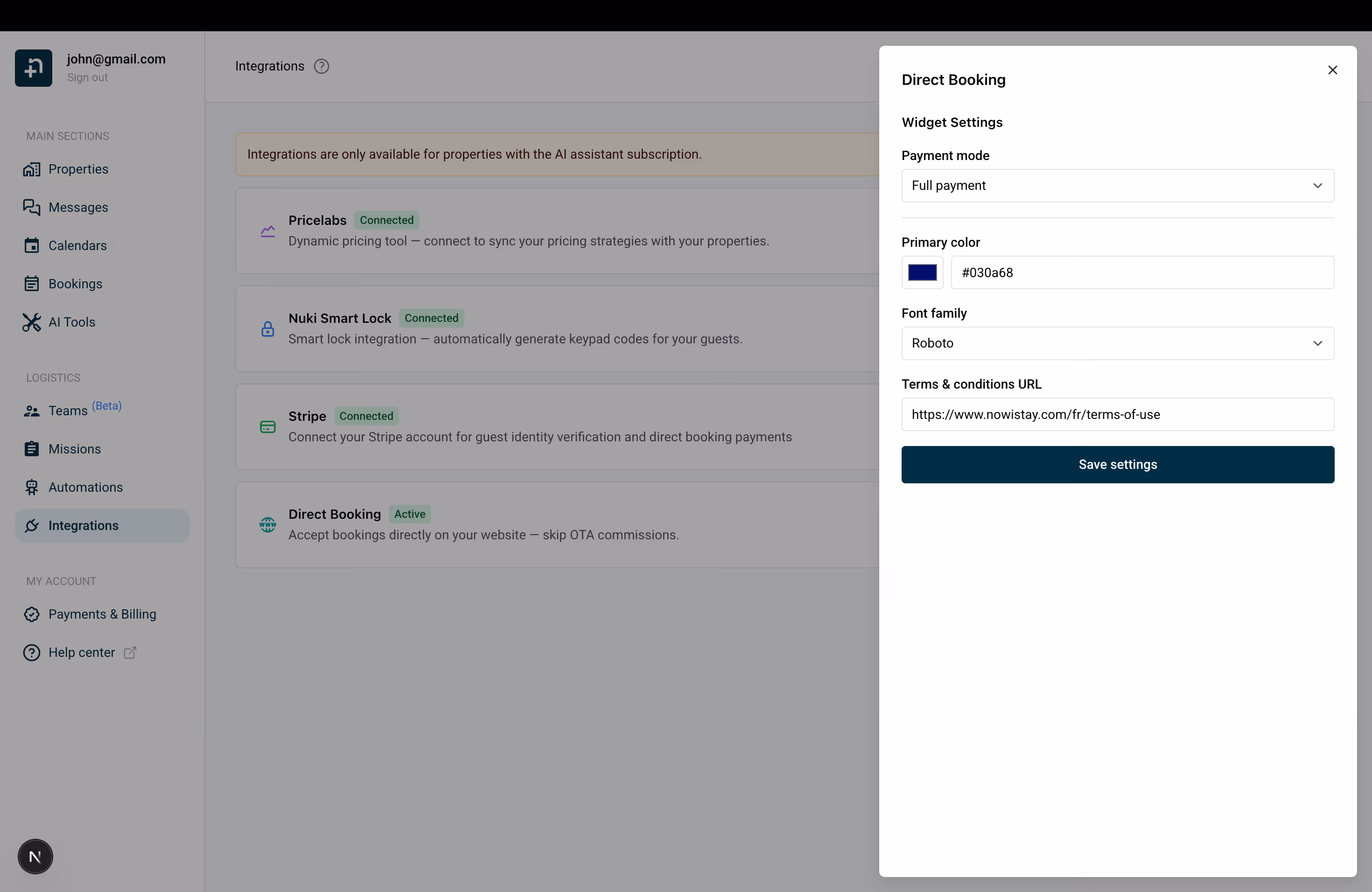 Widget settings with Full payment selected