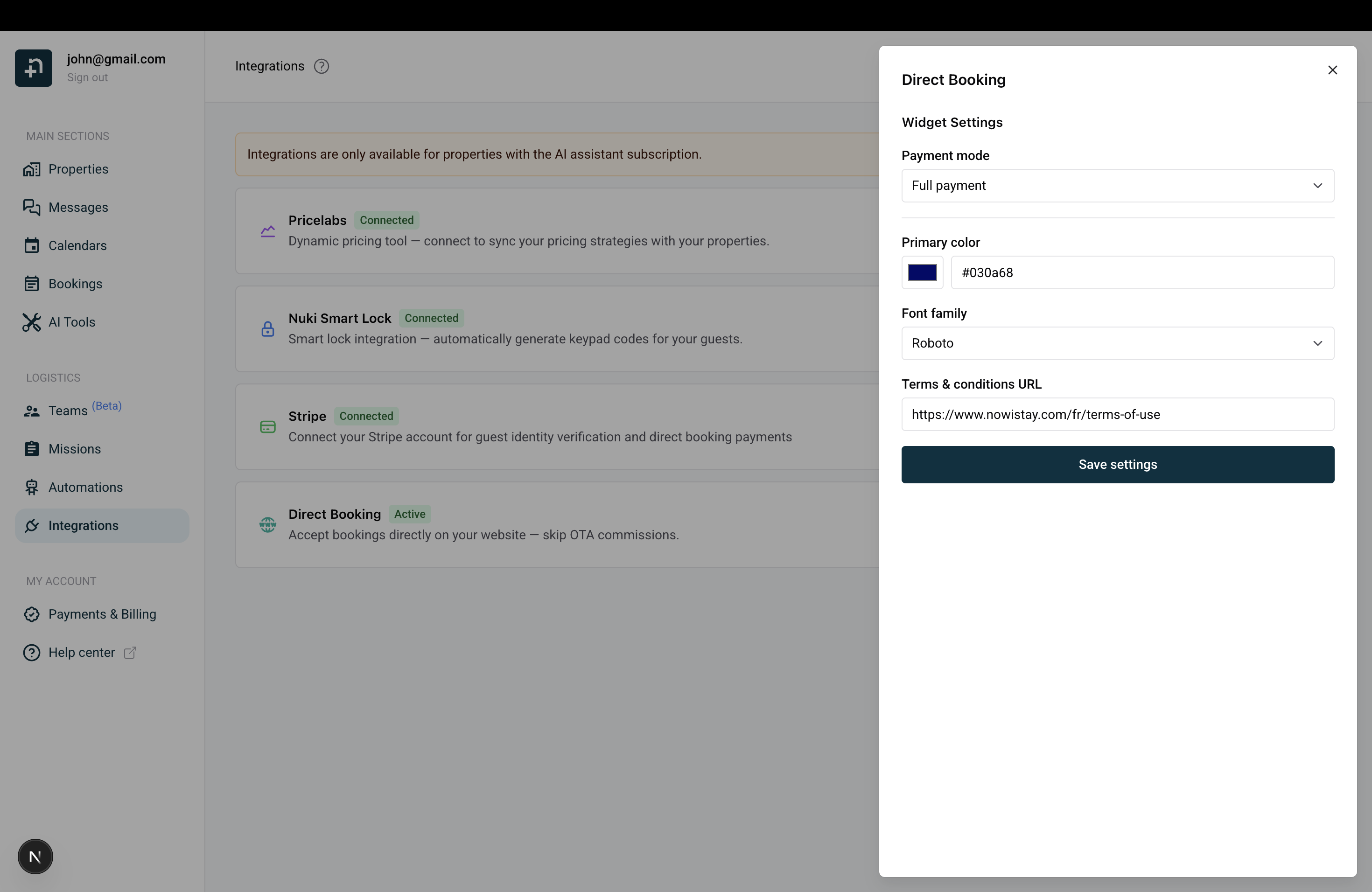 Widget settings with Full payment selected
