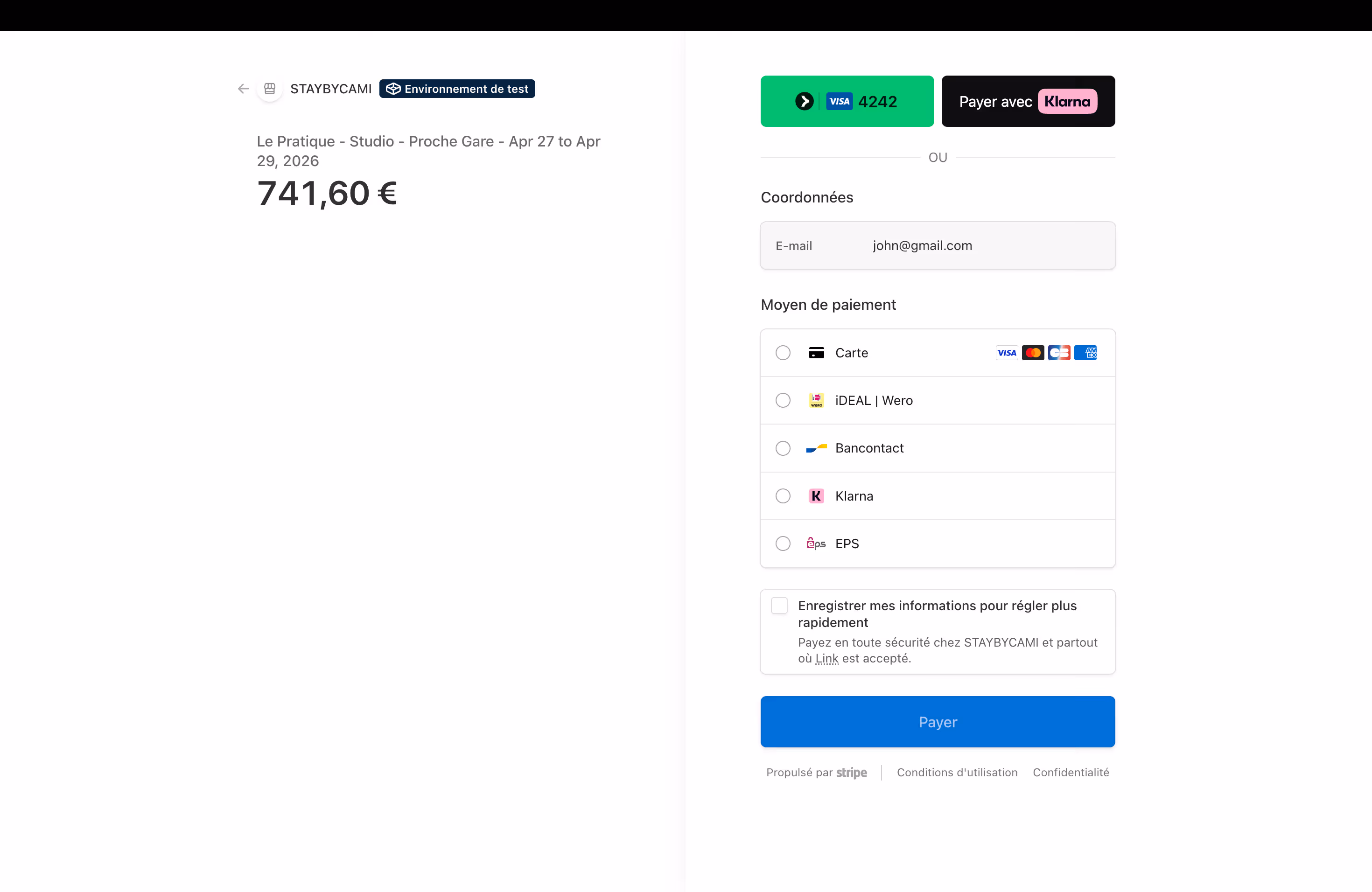 Stripe checkout page with payment methods