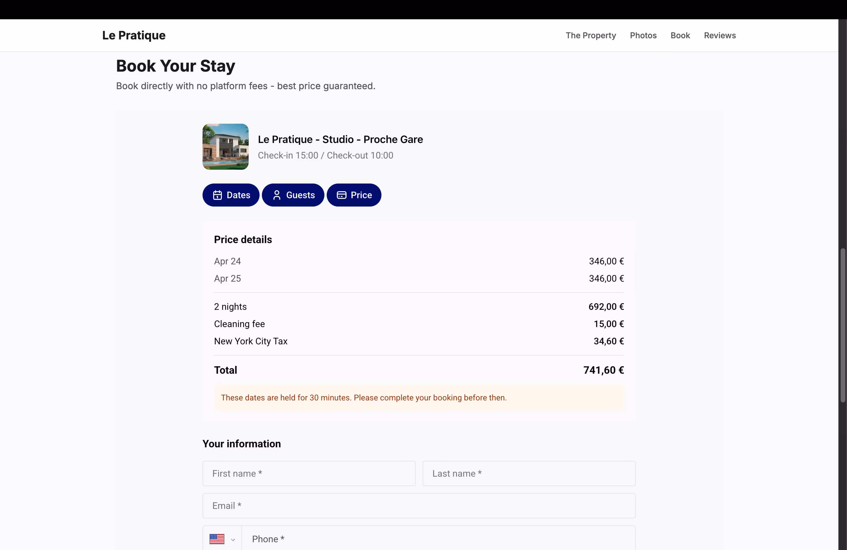 Price breakdown and guest information form