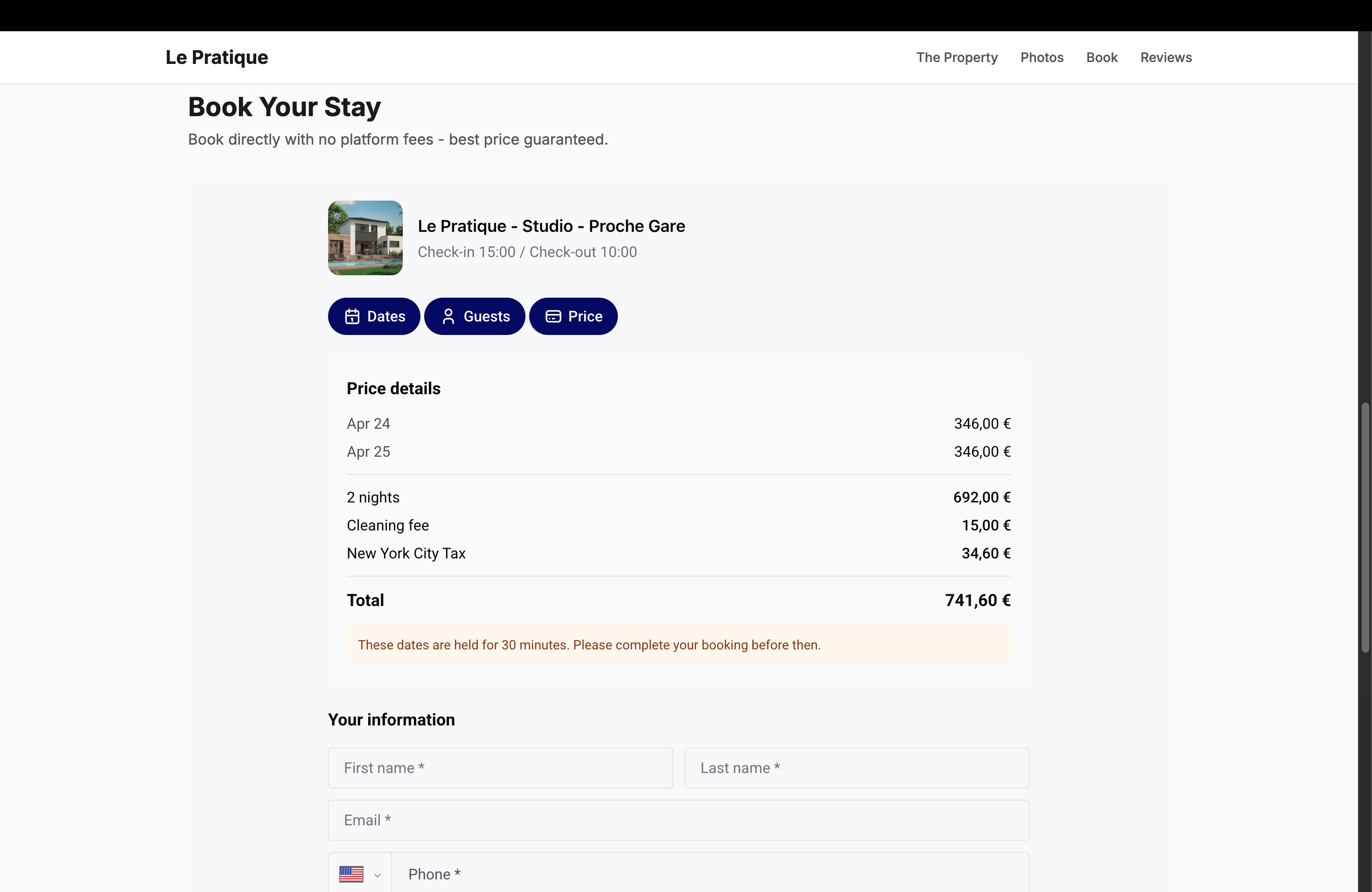 Price breakdown and guest information form