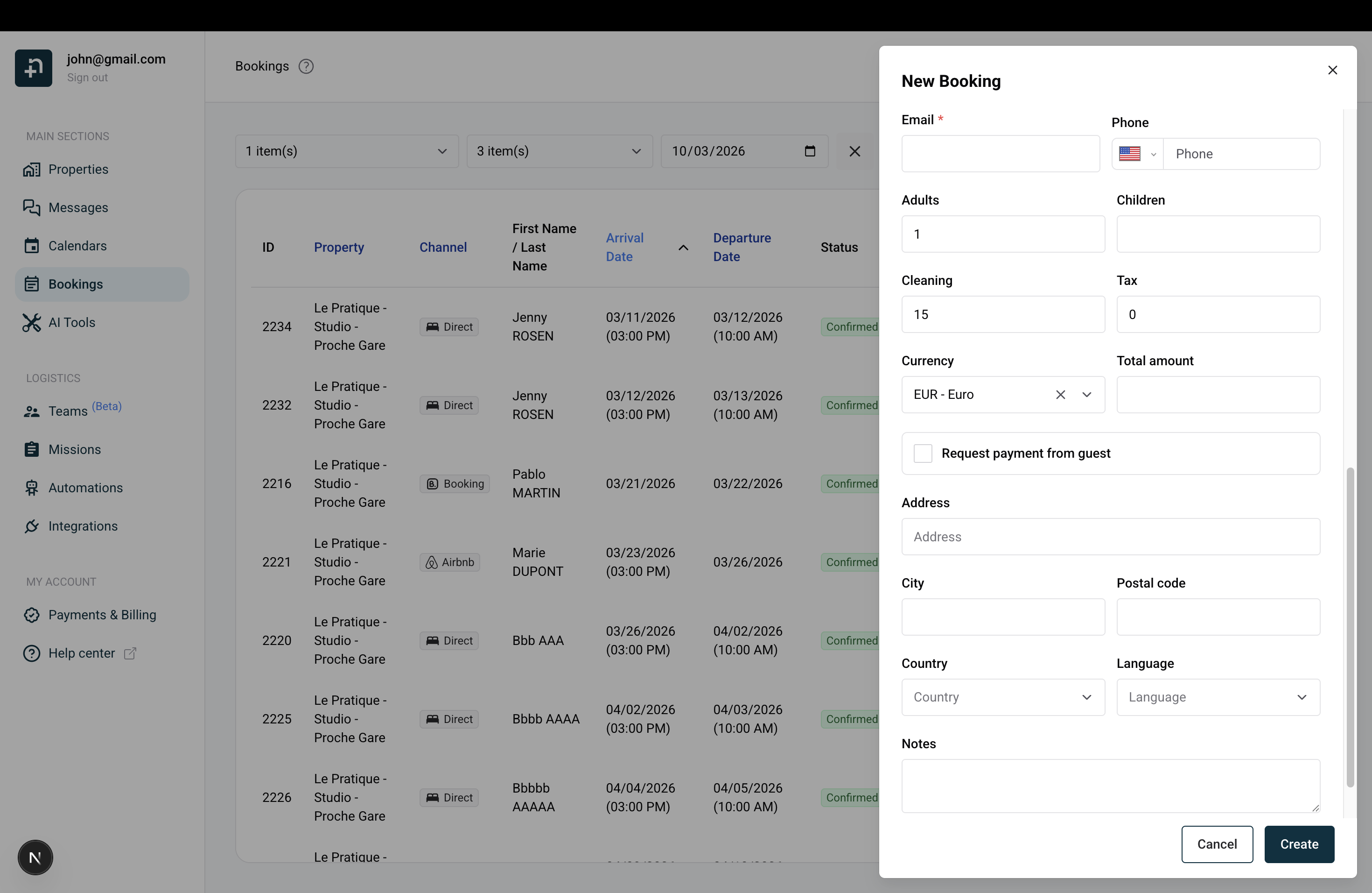 Manual booking form with payment request option