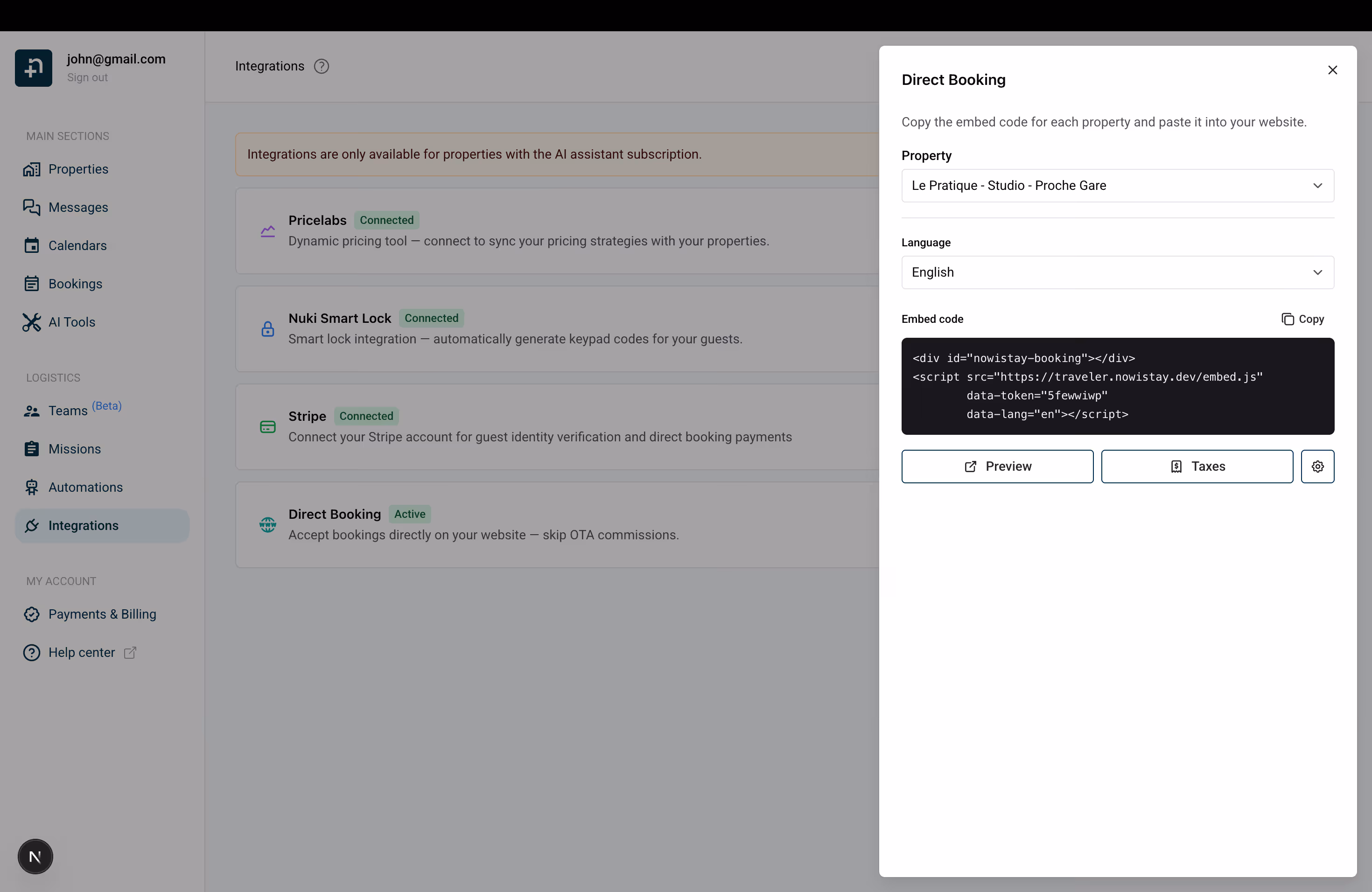 Direct Booking panel with property selector, language, and embed code