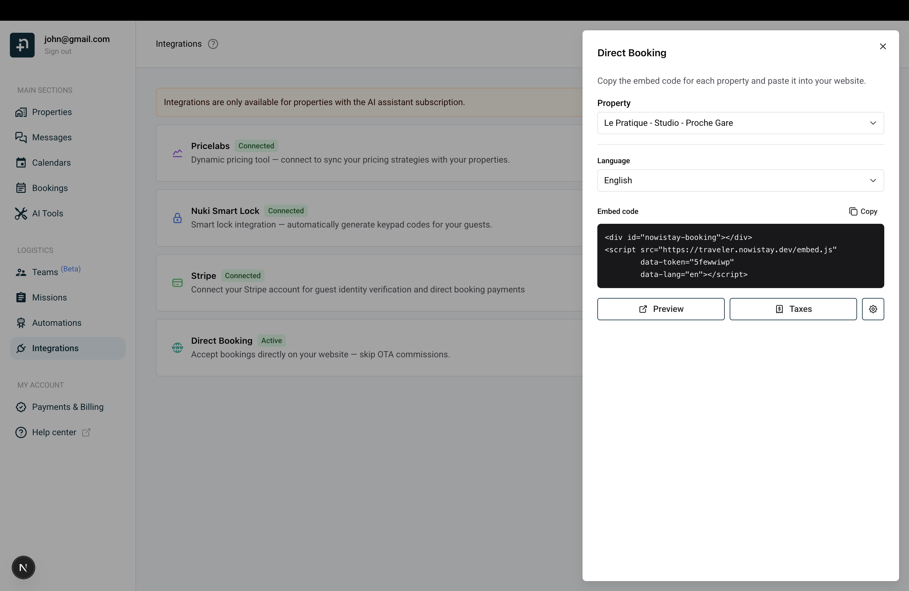Direct Booking panel with property selector, language, and embed code