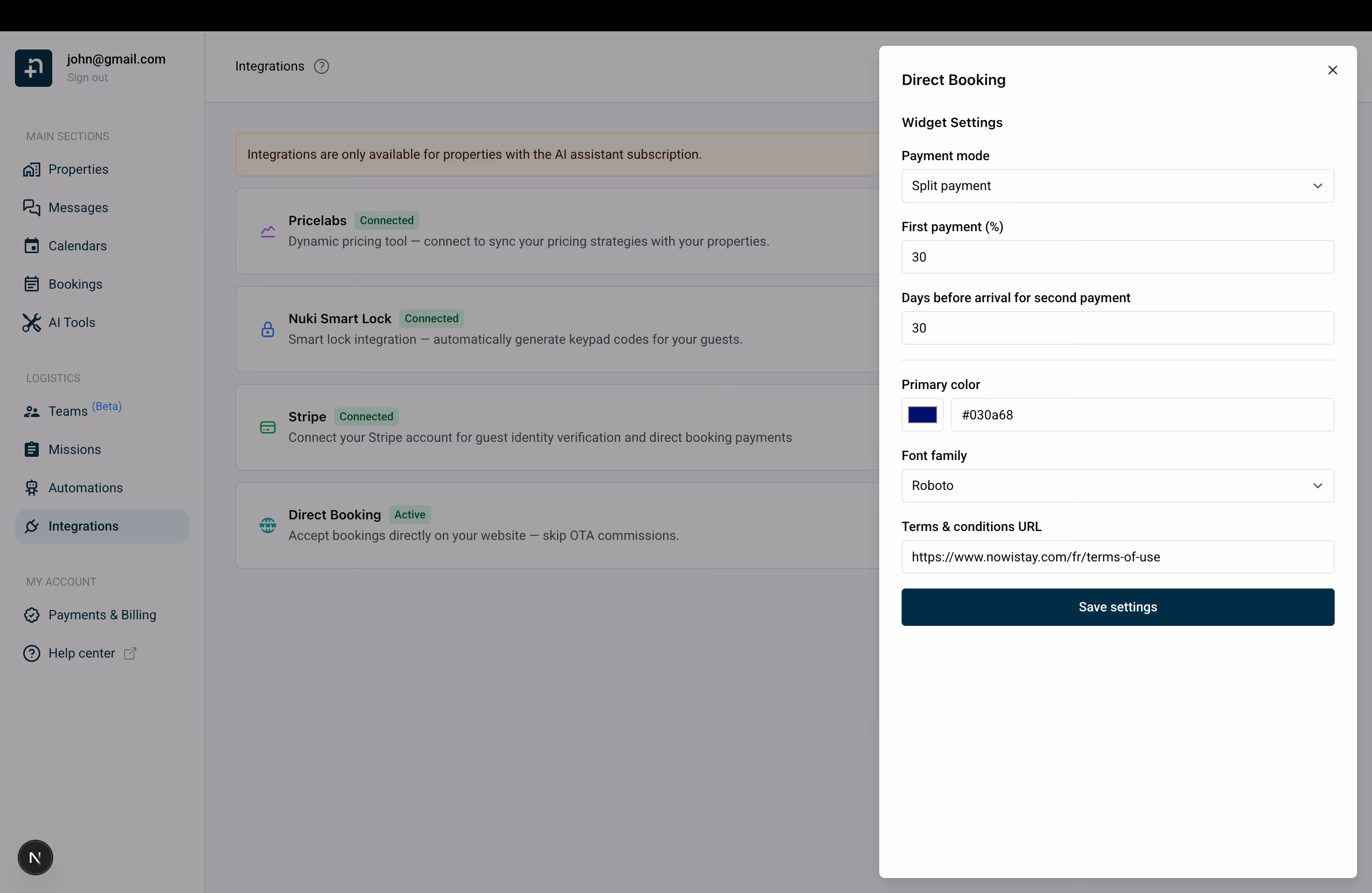 Widget settings with Split payment selected