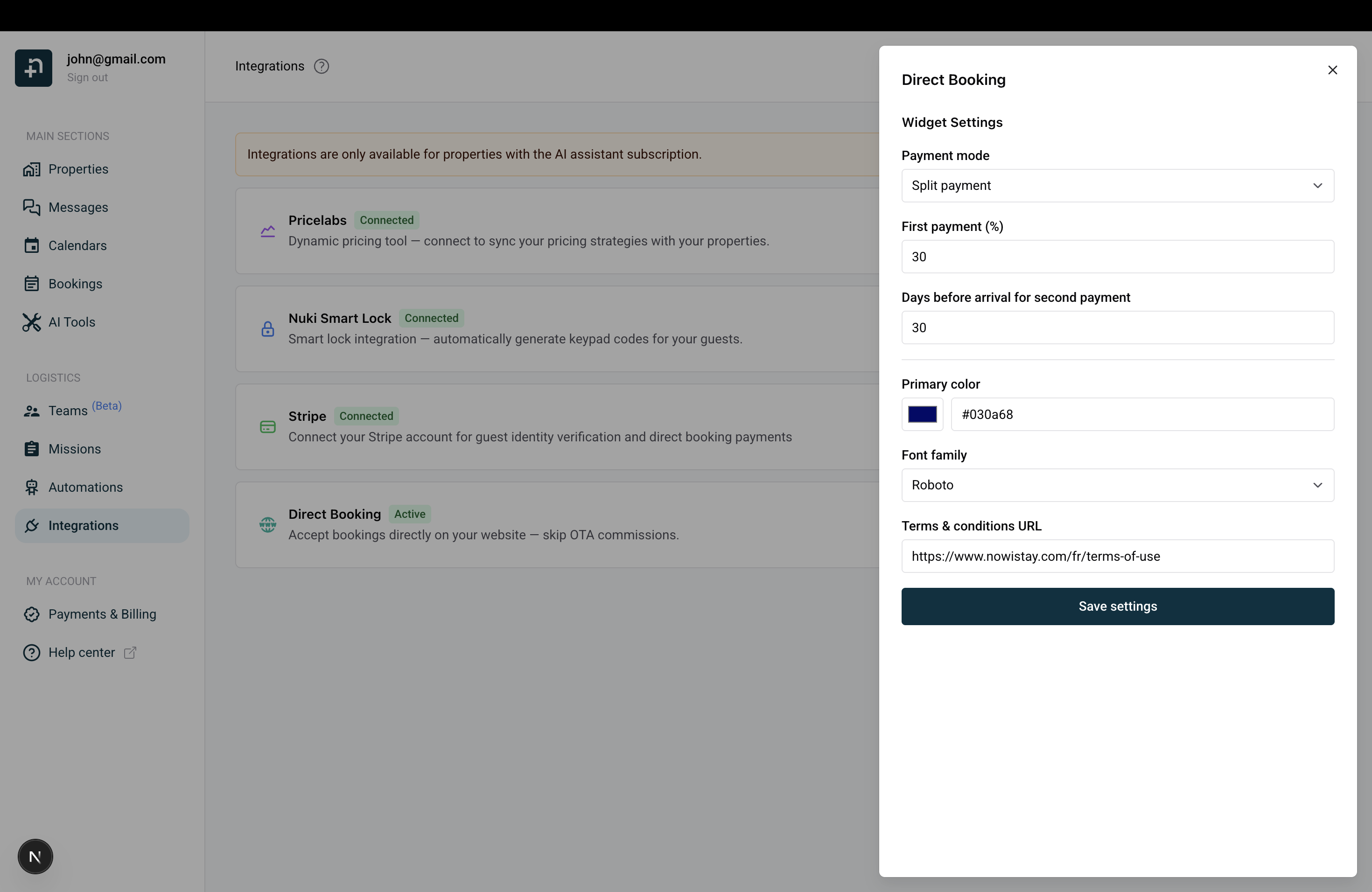 Widget settings with Split payment selected