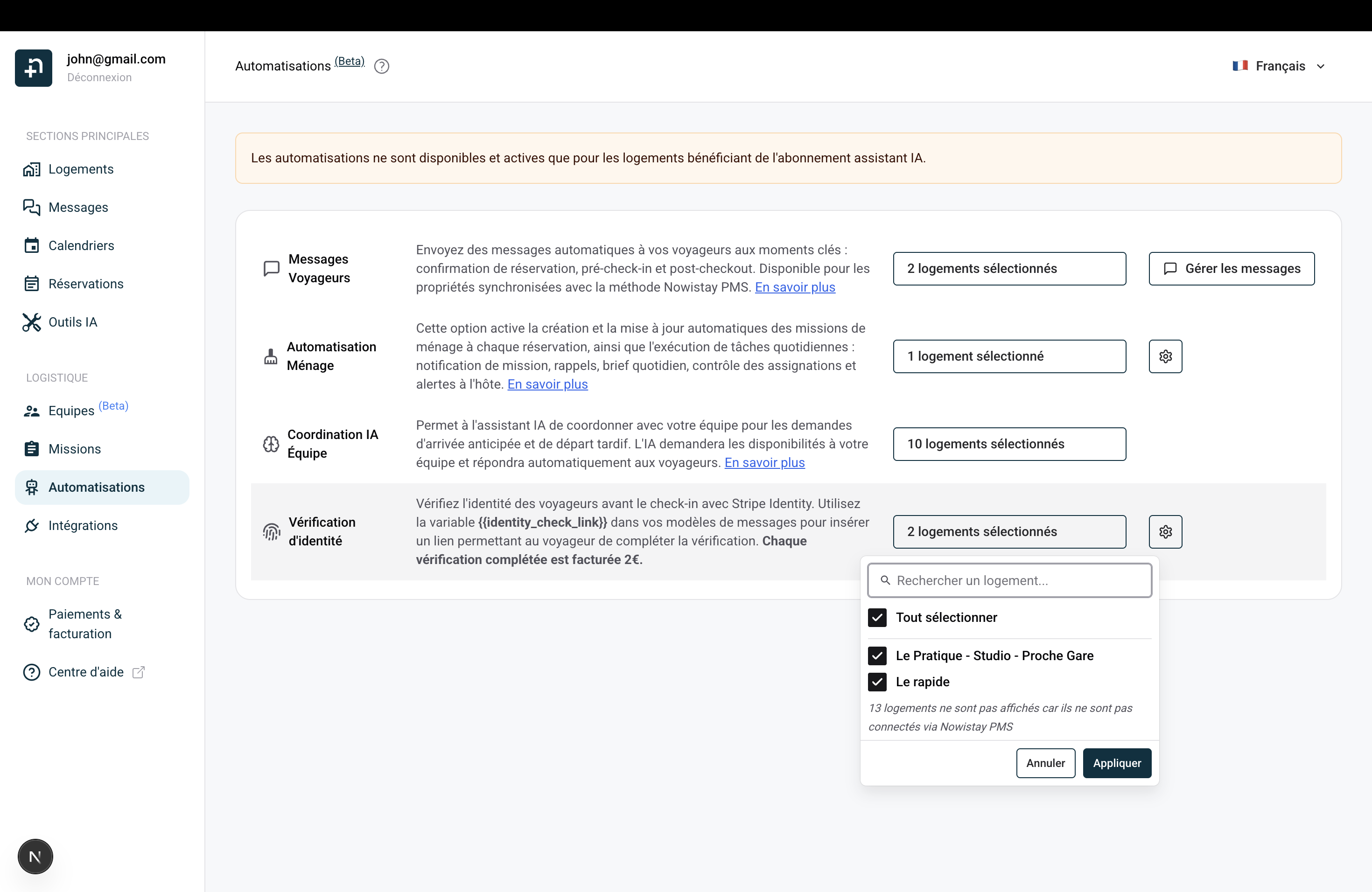 Page Automatisations avec le sélecteur de logements ouvert pour Vérification d'identité